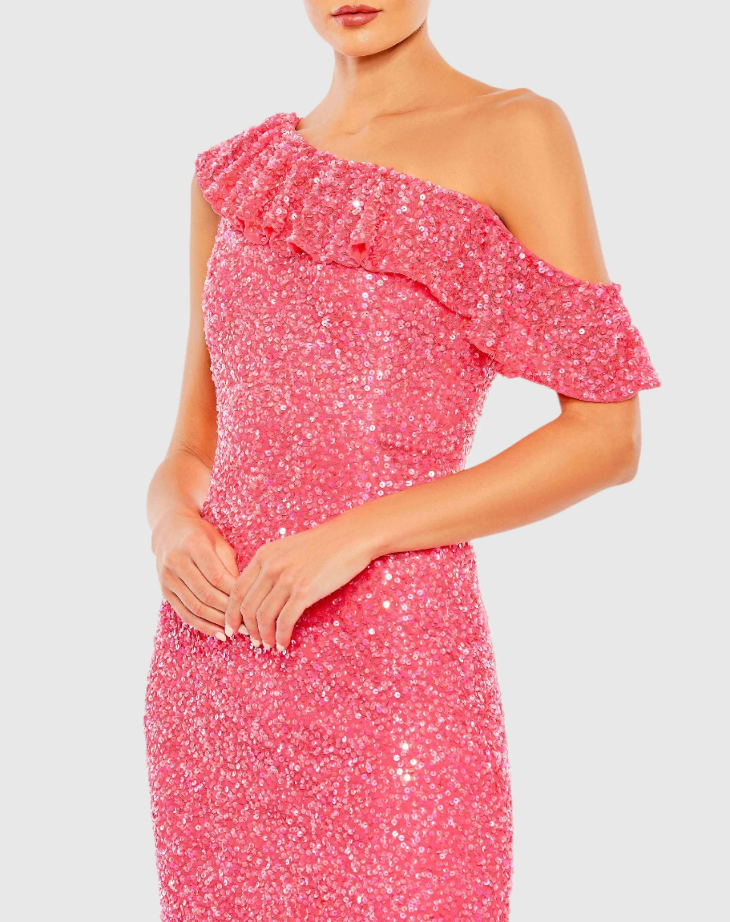 Pink Sequined Drop Shoulder Trumpet Gown - Image 2