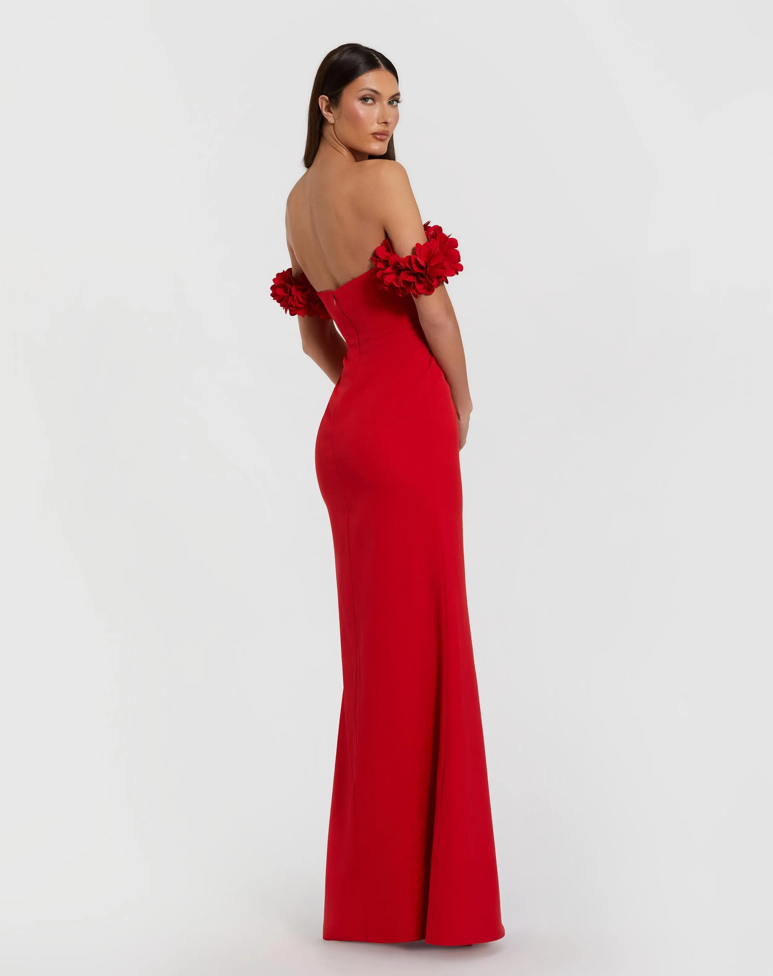 Red Crepe Off The Shoulder Gown With 3D Flowers - Image 3