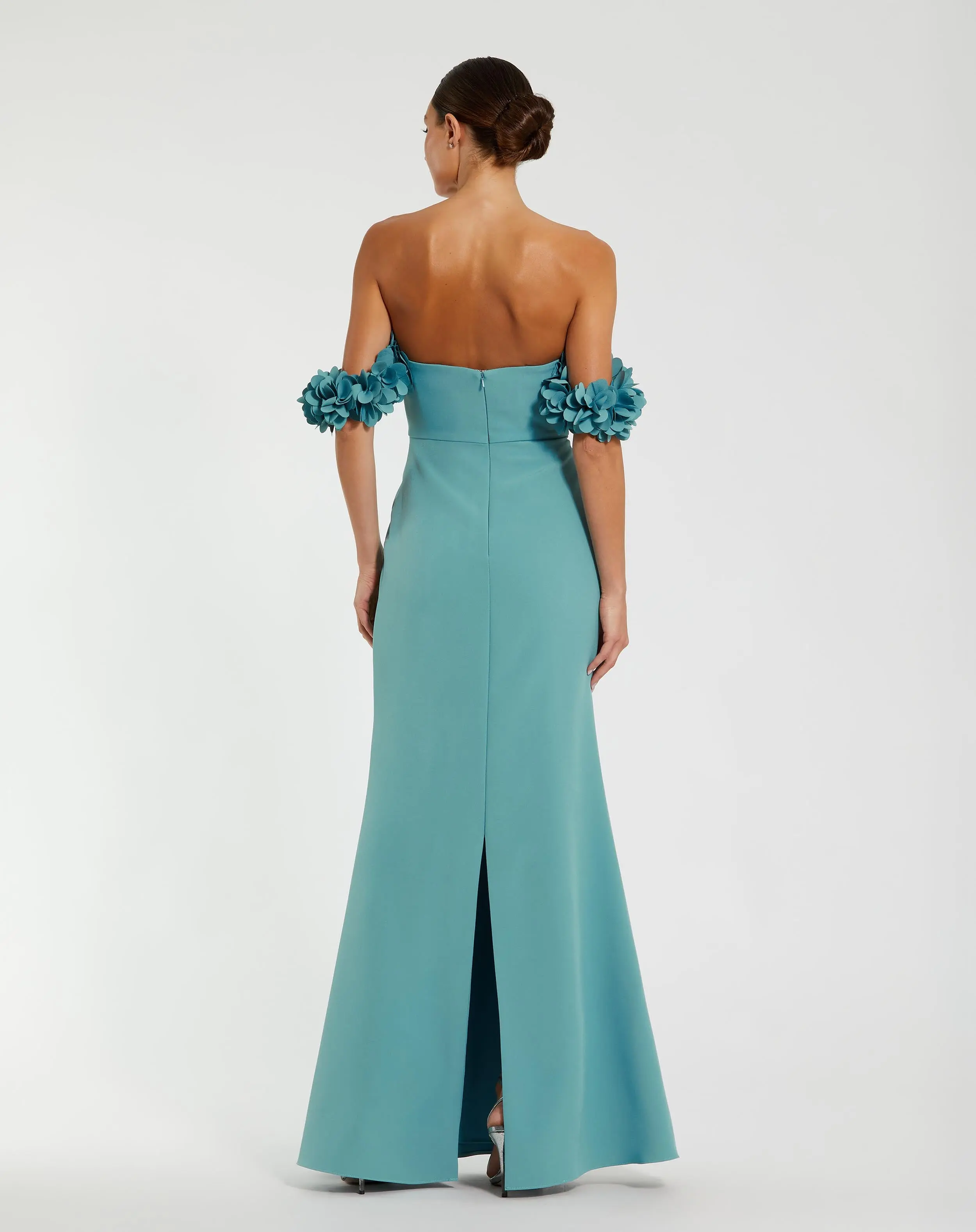 Blue Crepe Off The Shoulder Gown With 3D Flowers - Image 3