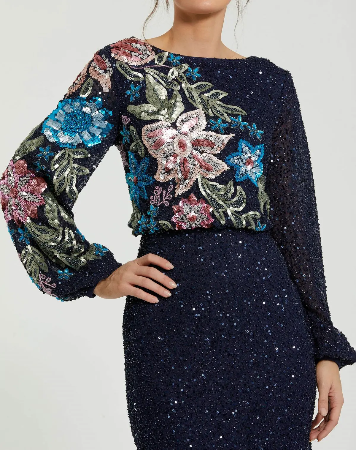 Navy High Neck Long Sleeve Sequin Gown - Image 2