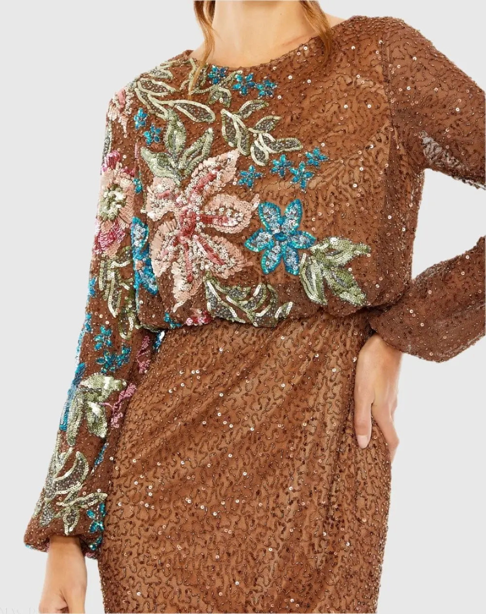 Brown High Neck Long Sleeve Sequin Gown - Image 2