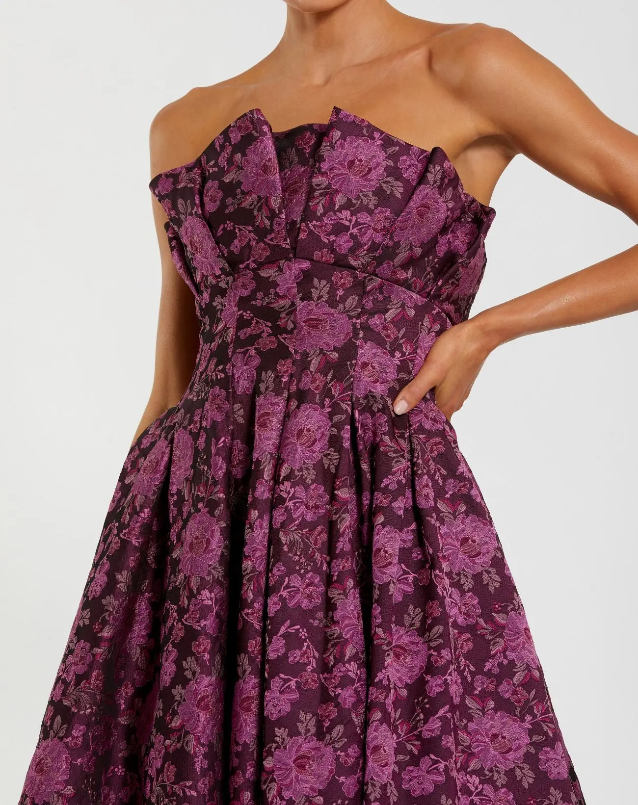 Purple Strapless Floral Brocade A-line Midi Dress - Image 2