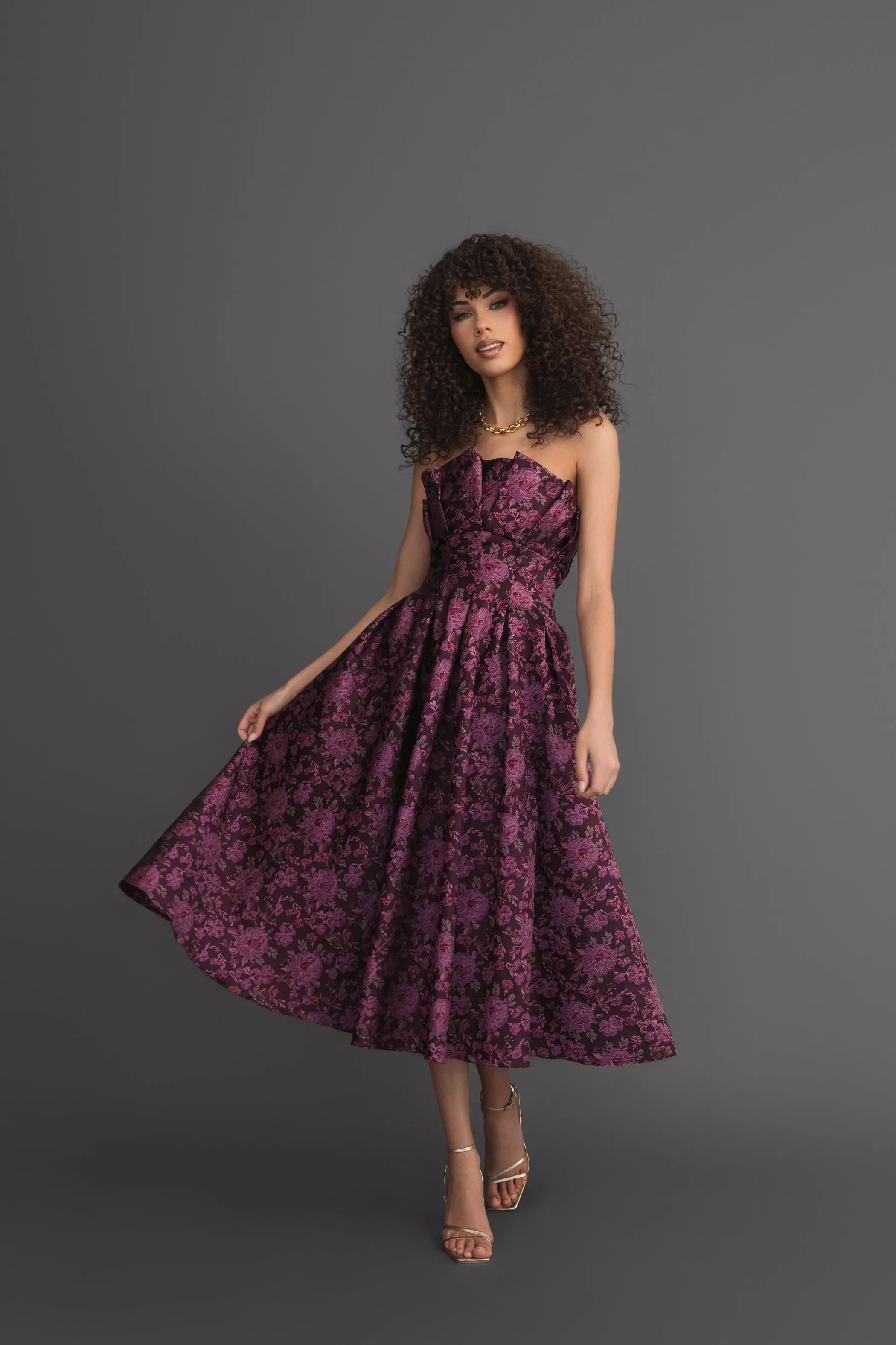 Purple Strapless Floral Brocade A-line Midi Dress - Image 5