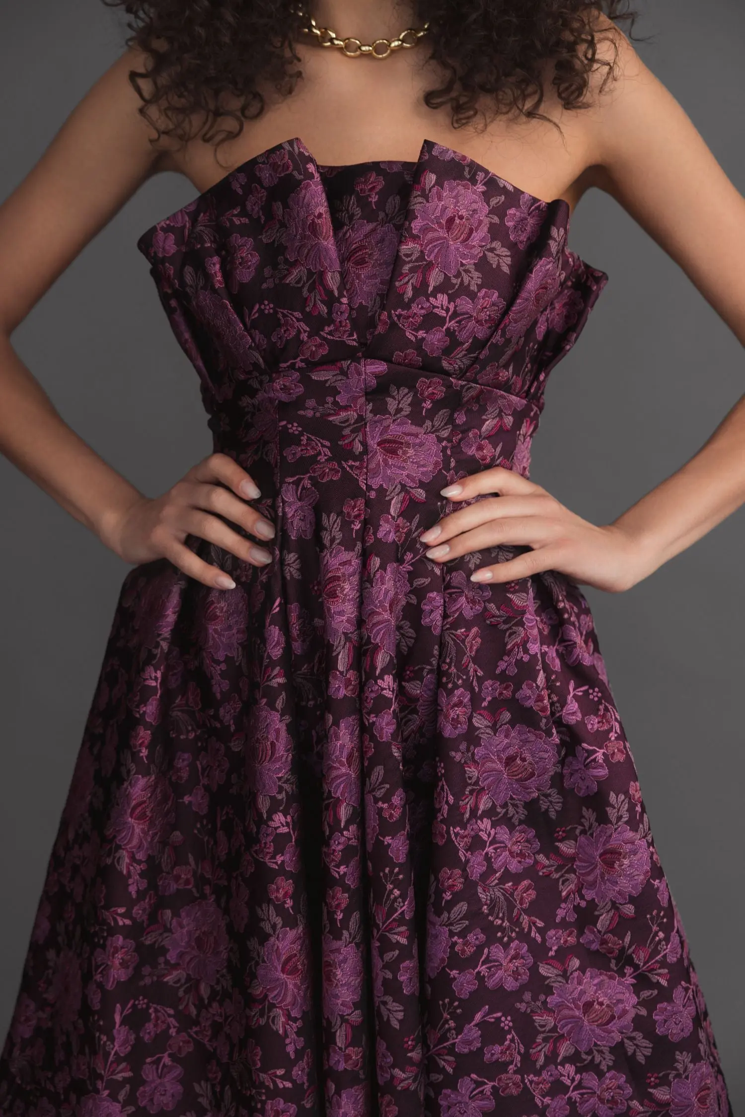 Purple Strapless Floral Brocade A-line Midi Dress - Image 6