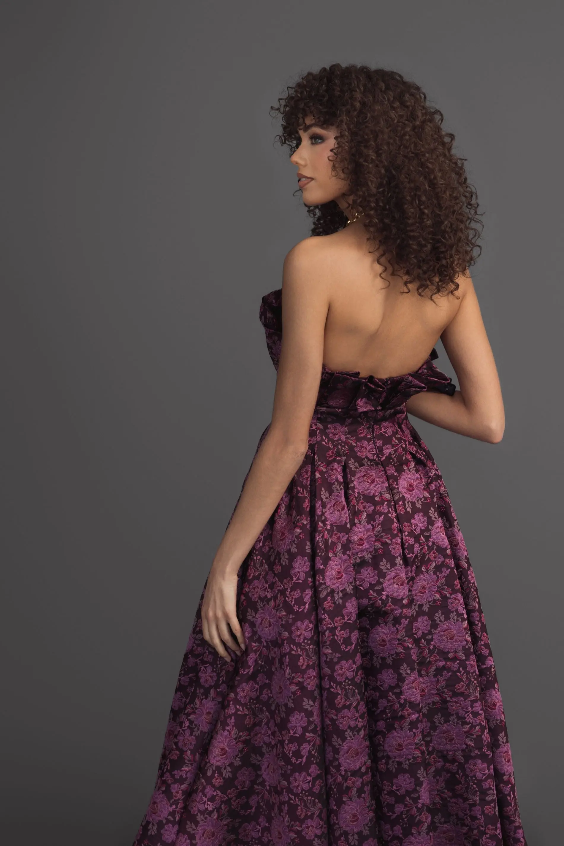 Purple Strapless Floral Brocade A-line Midi Dress - Image 7
