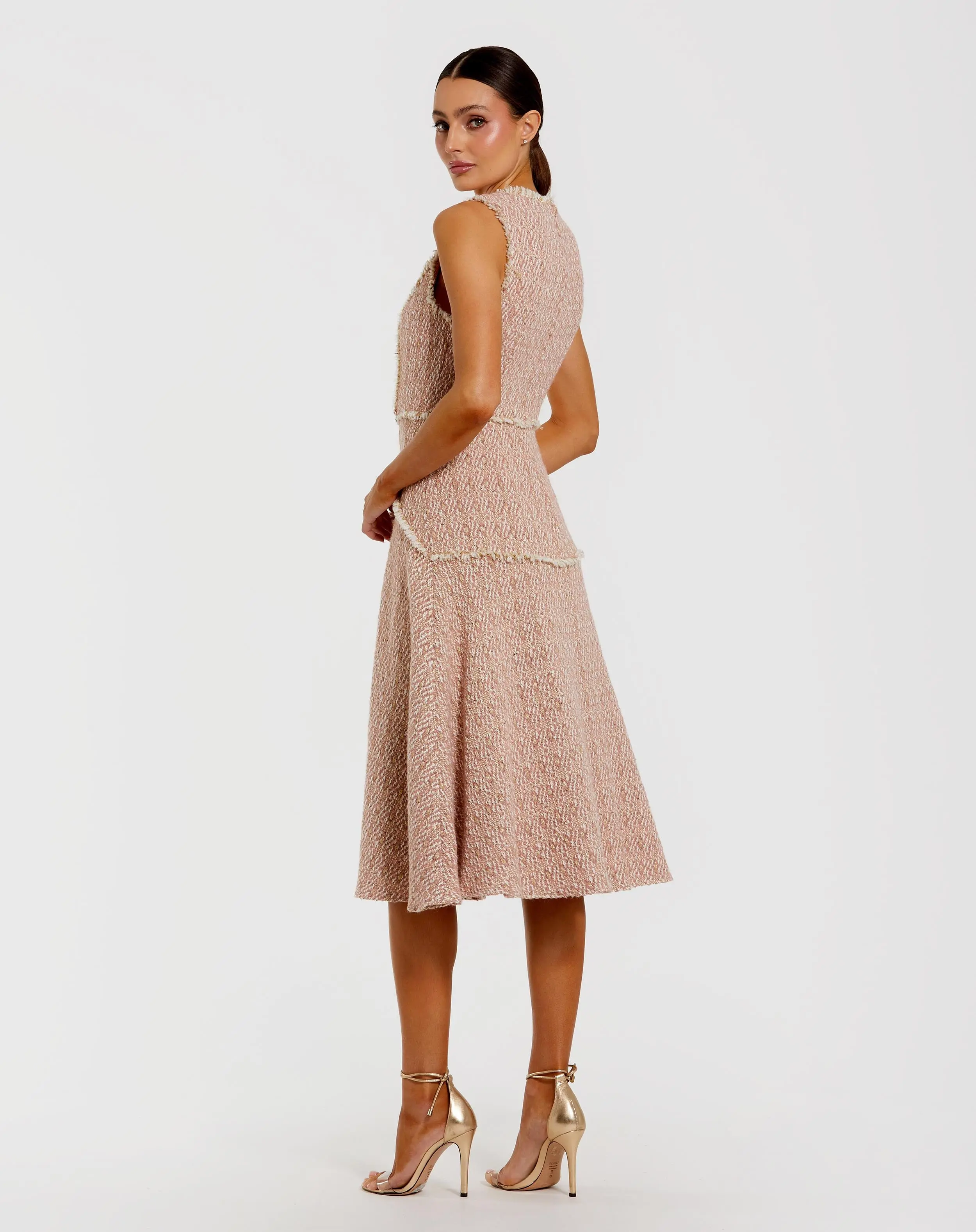 Light Pink Boucle Sleeveless Button Up Midi Dress - Image 3