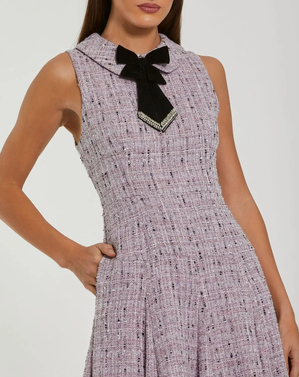 Purple Sleeveless Boucle A-Line Midi Dress With Bow - Image 2