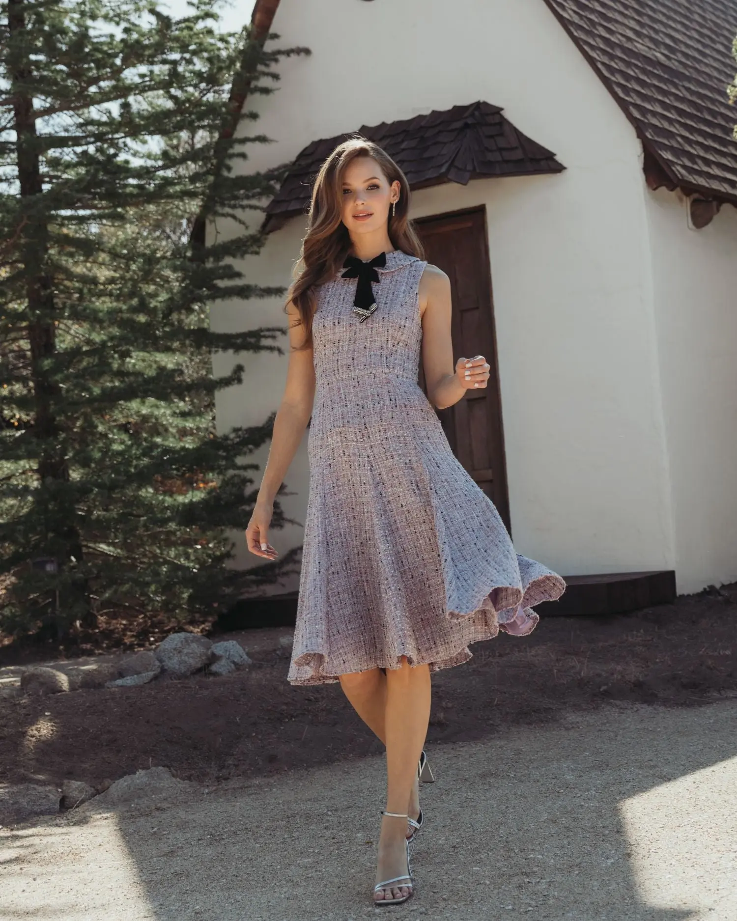 Purple Sleeveless Boucle A-Line Midi Dress With Bow - Image 4