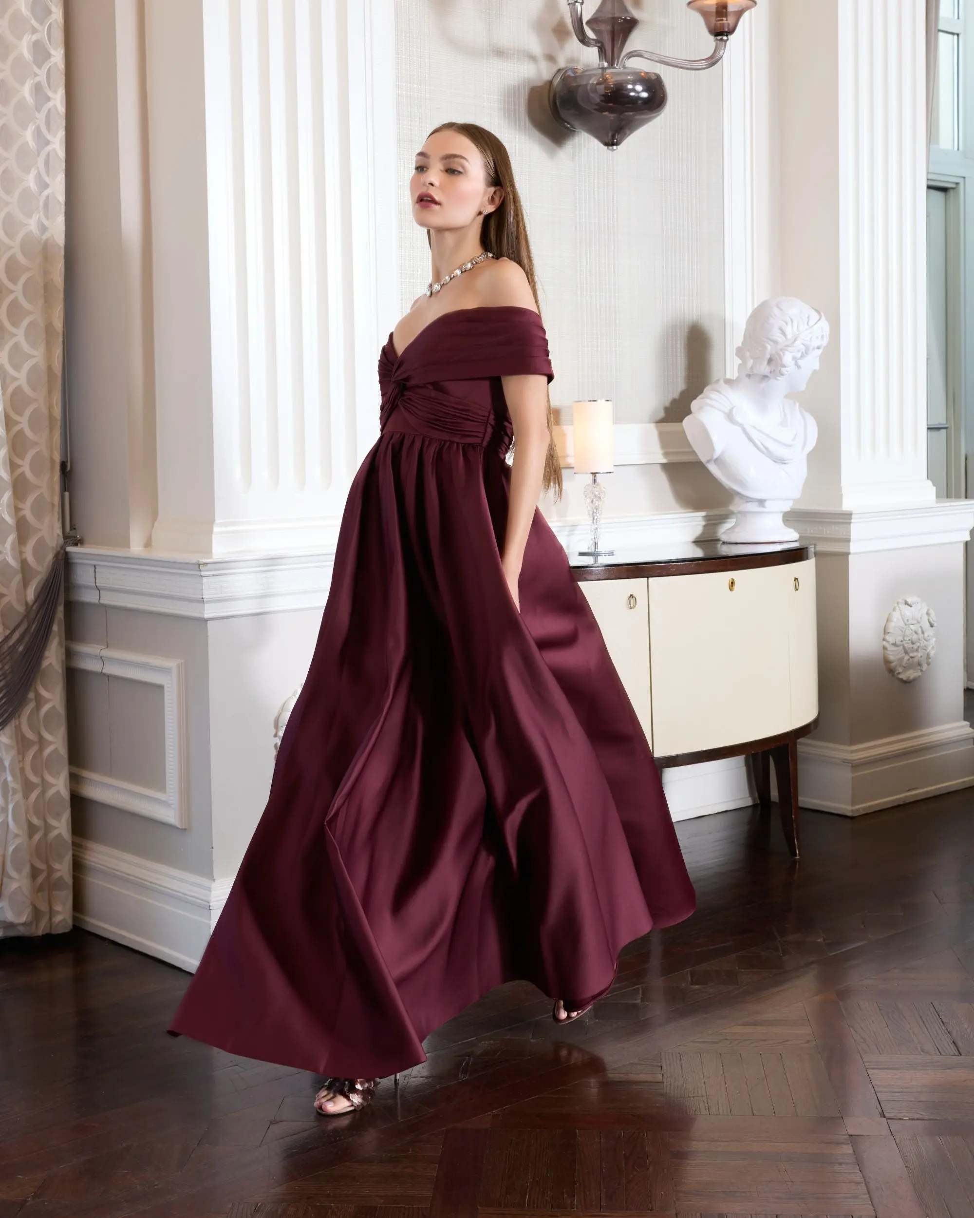 Burgundy Satin Off The Shoulder Twist Evening Ball Gown - Image 6