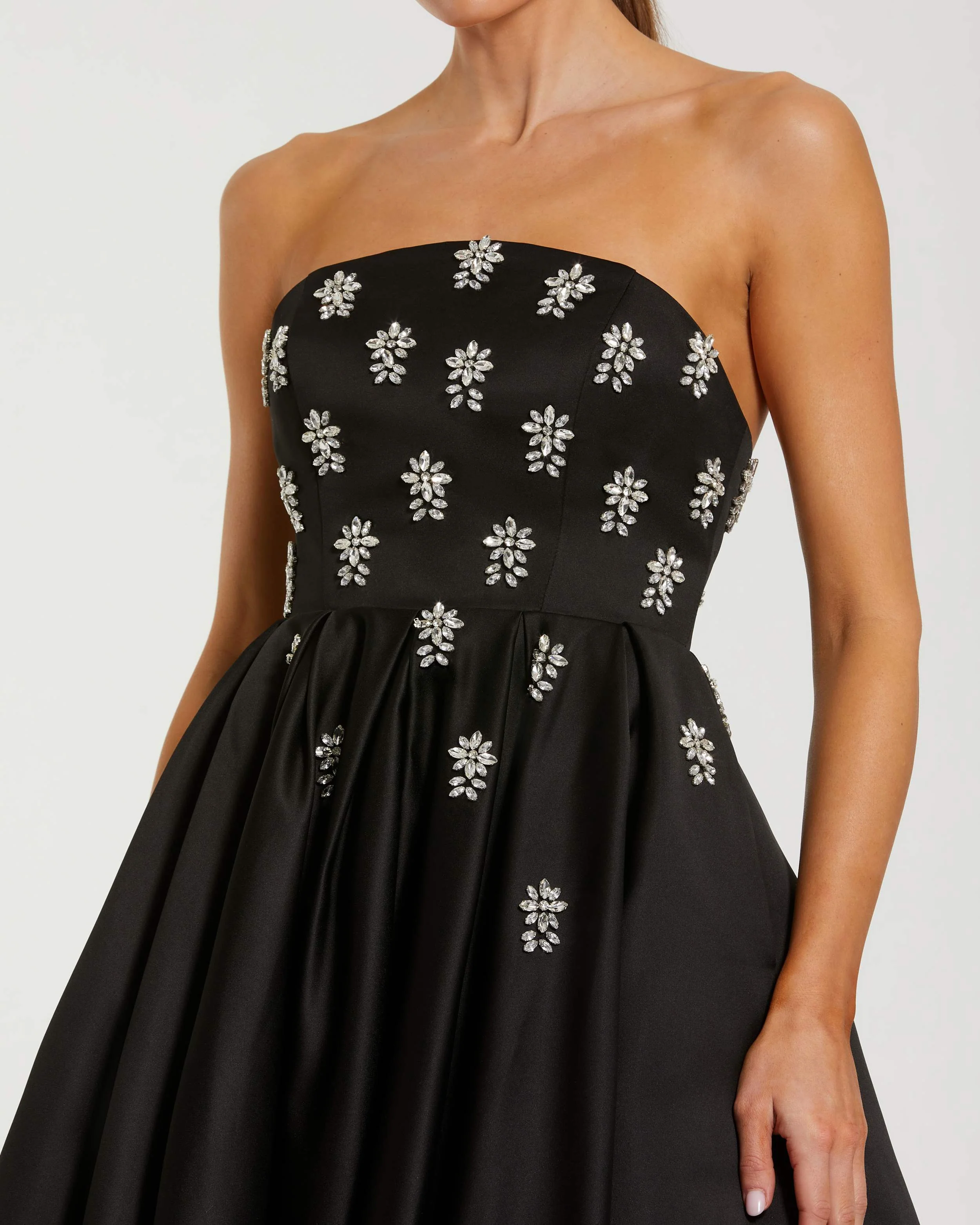 Black Strapless Crystal Embellished Satin A-Line Dress - Image 2