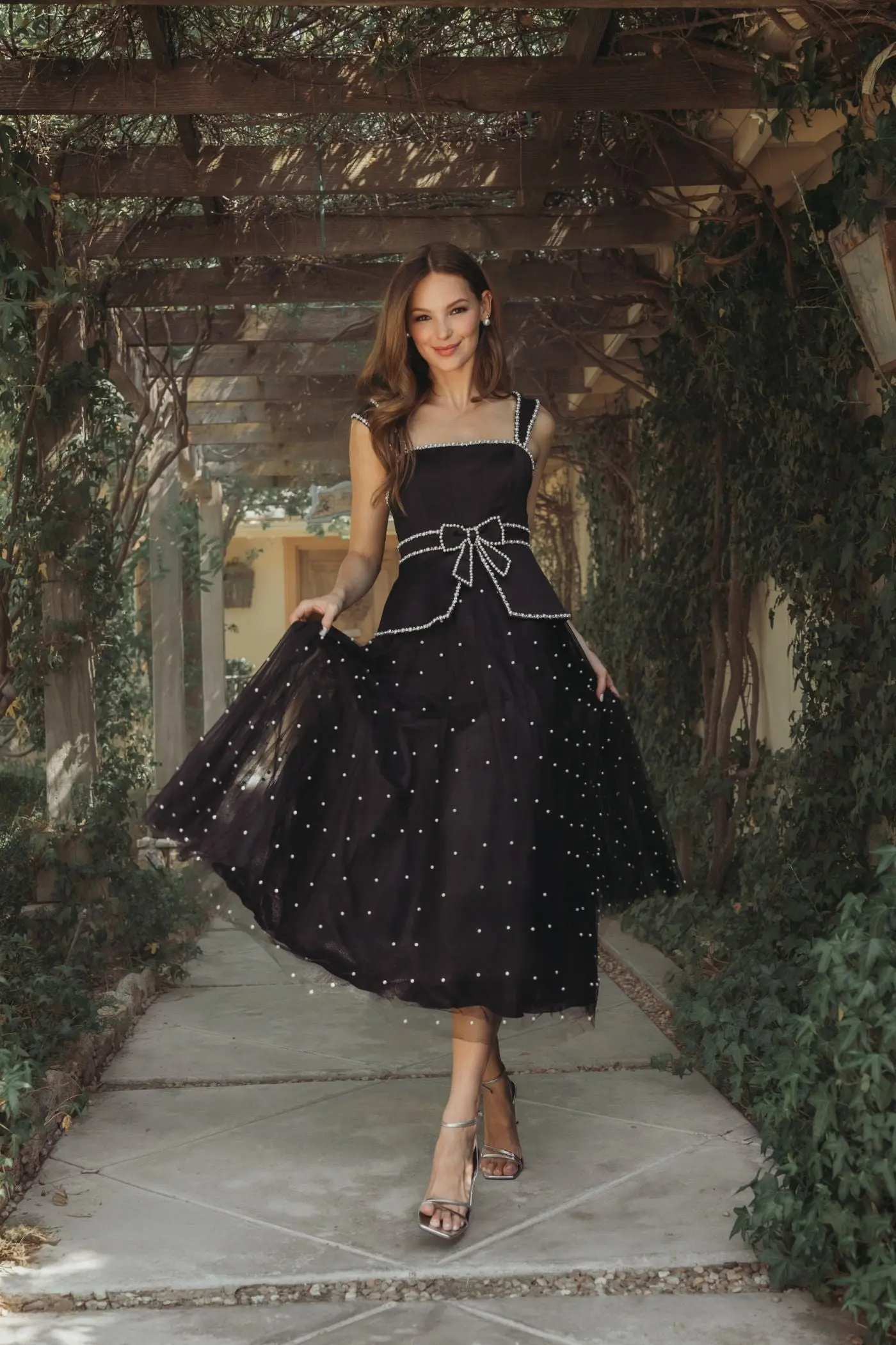 Black Sleeveless Embellished Crepe And Tulle Midi Dress - Image 4