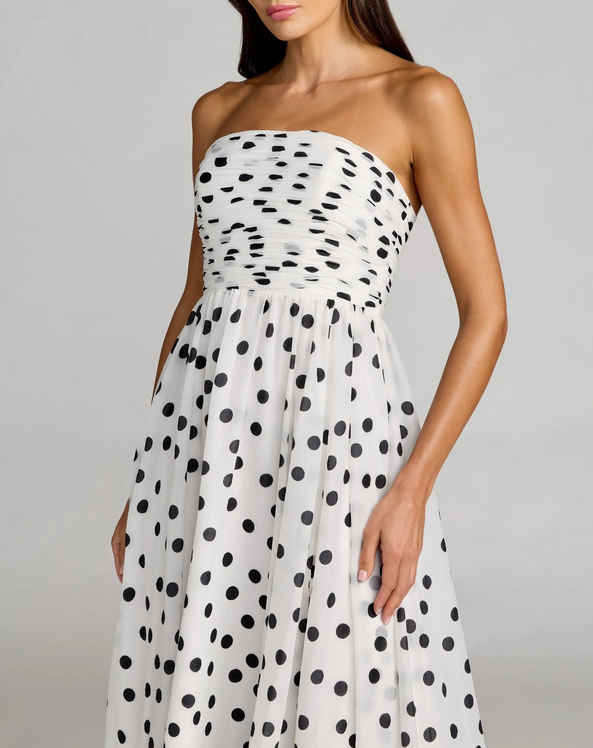 White Polka Dot Strapless Viscose Gown With Slit - Image 2