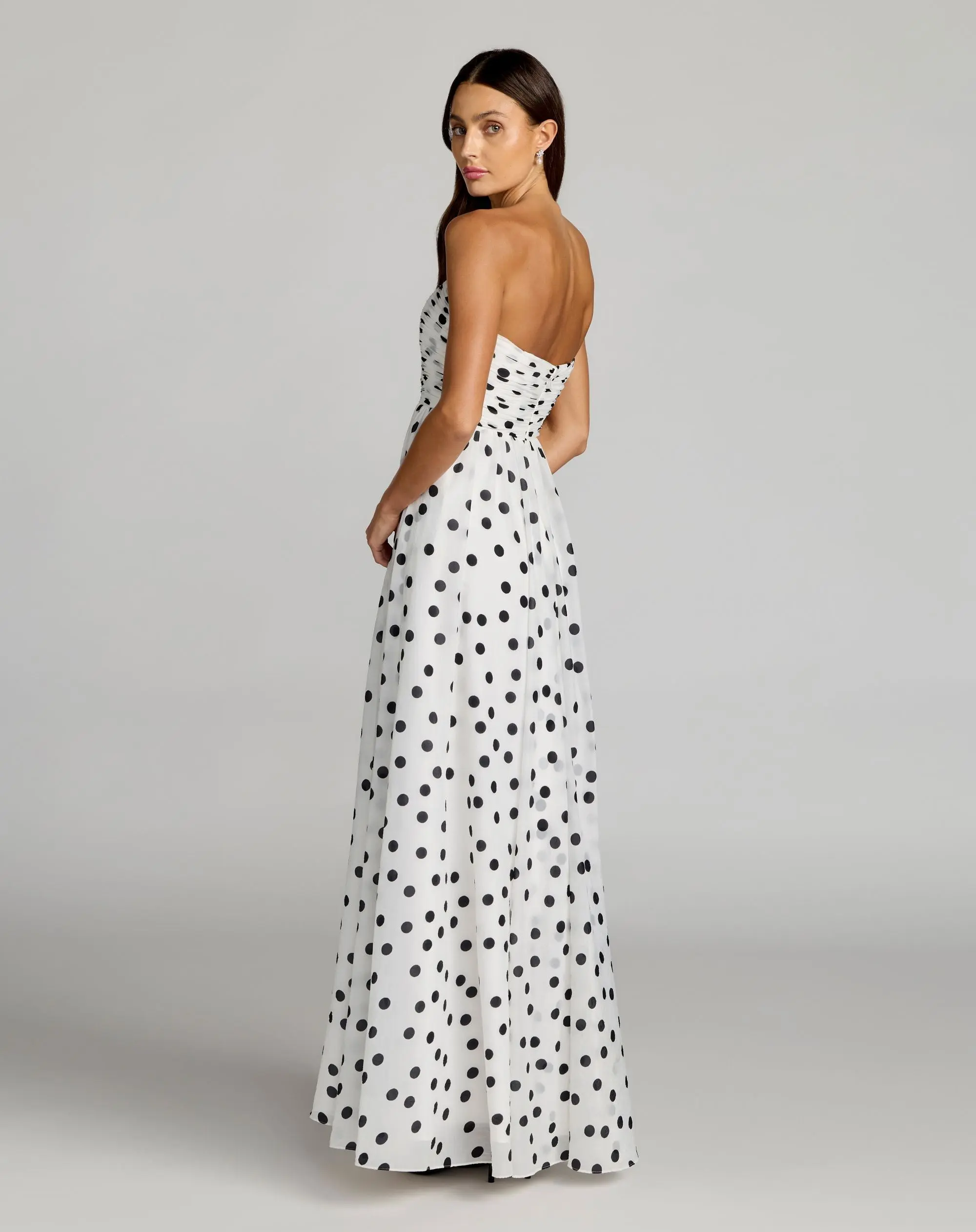White Polka Dot Strapless Viscose Gown With Slit - Image 3