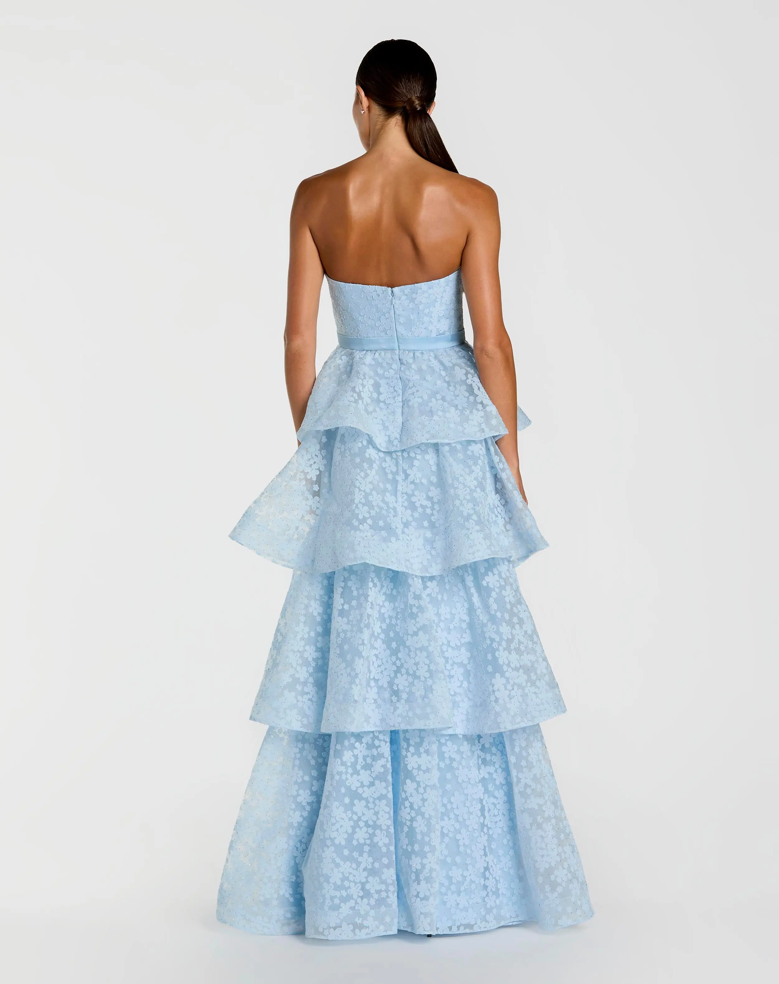 Blue Strapless Floral Organza Tiered Gown with Bow - Image 3