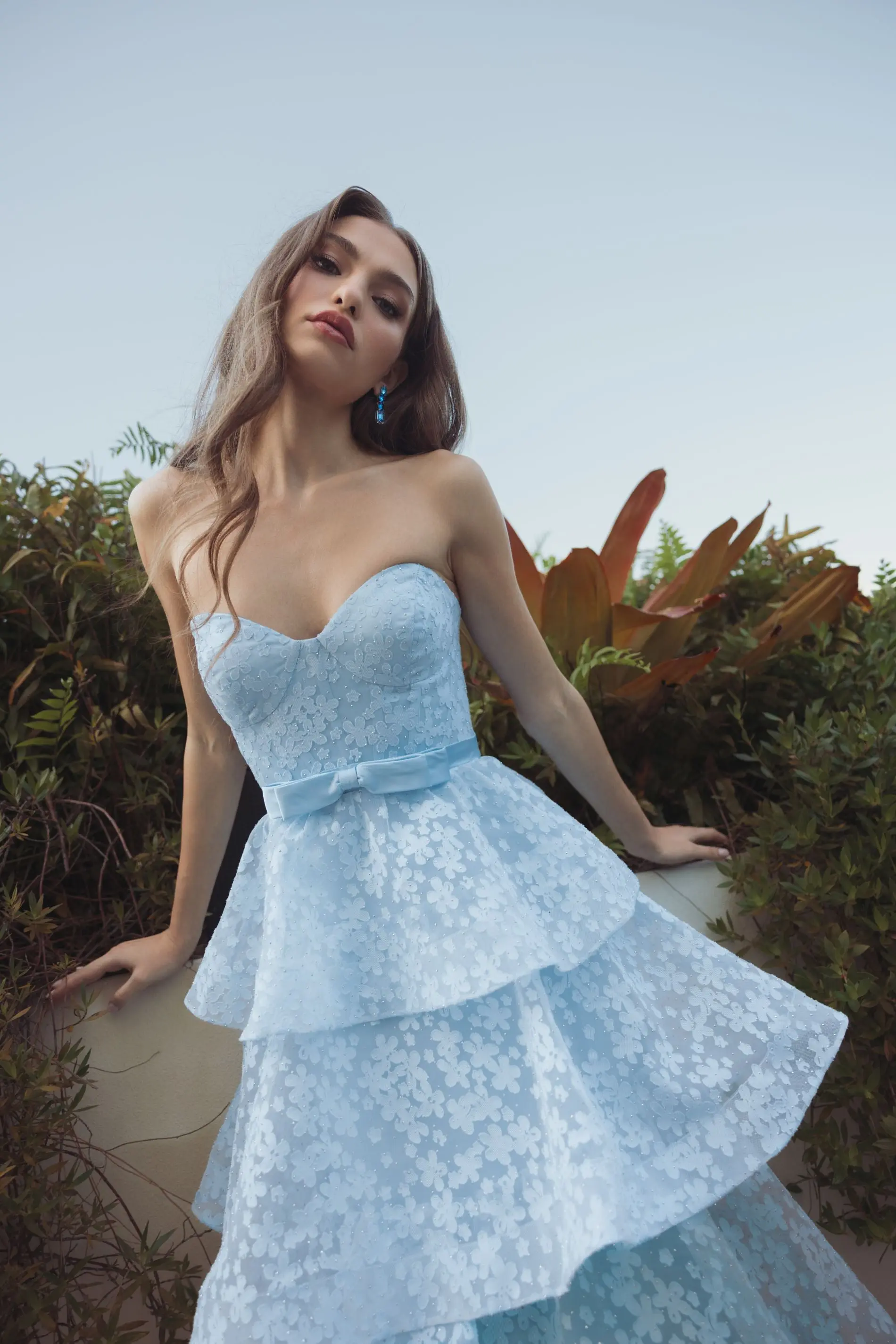 Blue Strapless Floral Organza Tiered Gown with Bow - Image 6