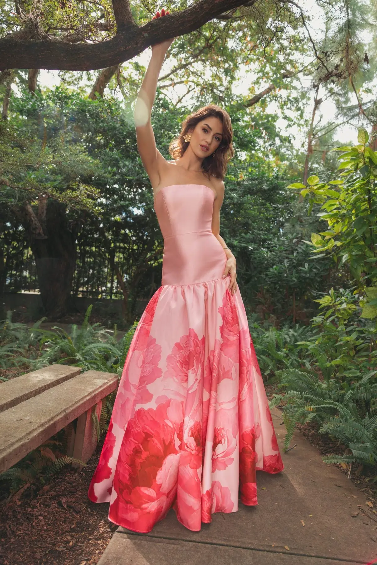 Pink Printed Mikado Strapless Drop Waist Ball Gown - Image 4