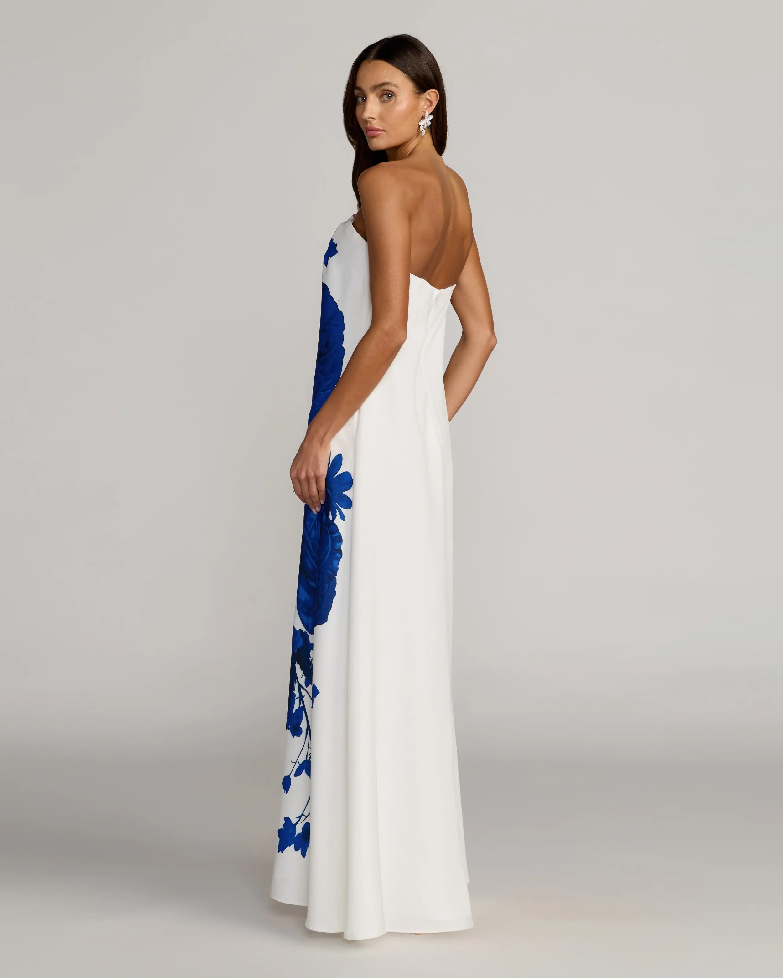 White Floral Printed Strapless Crepe Trapeze Gown - Image 4