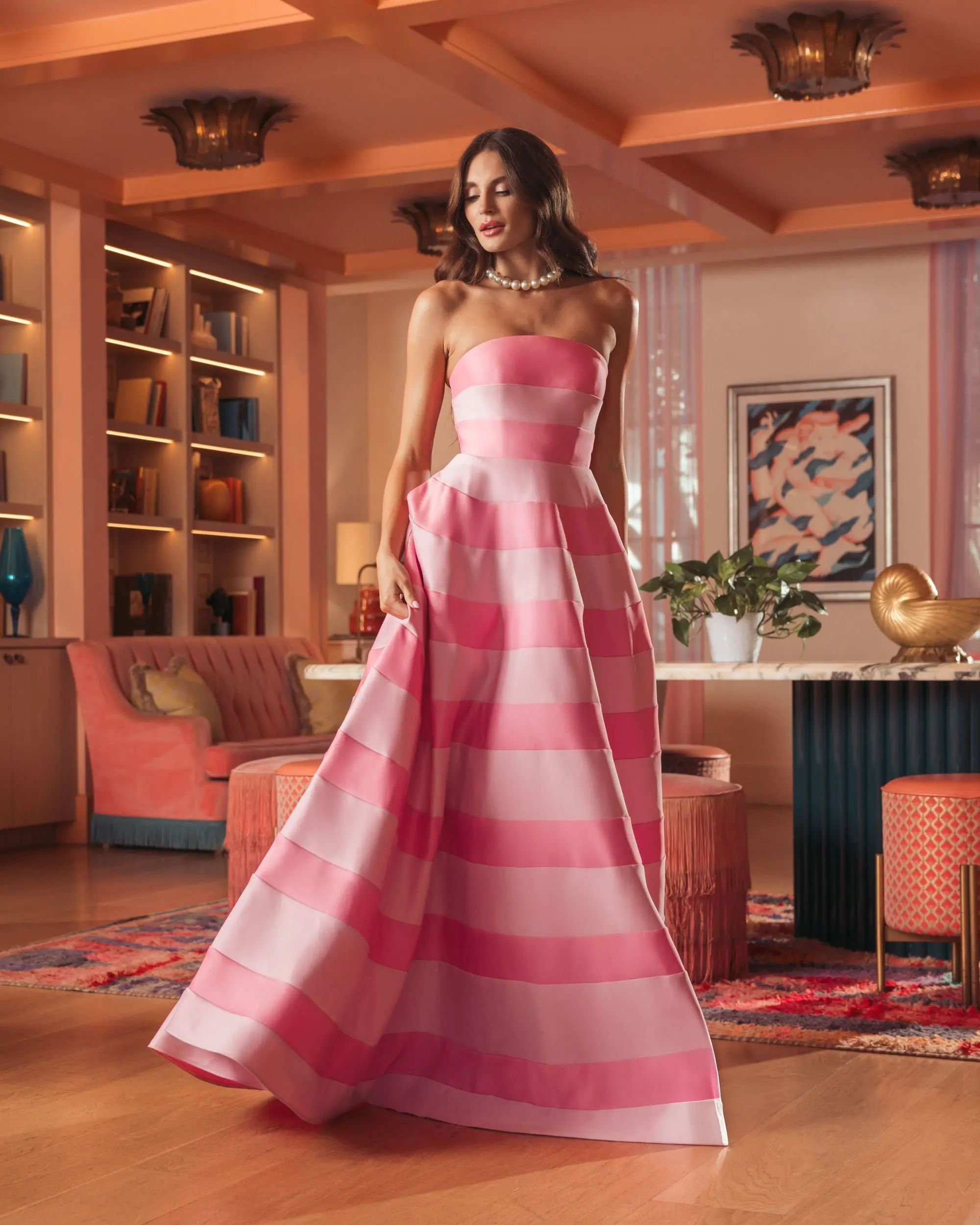 Pink Striped Strapless Satin Ballgown With Pockets - Image 4