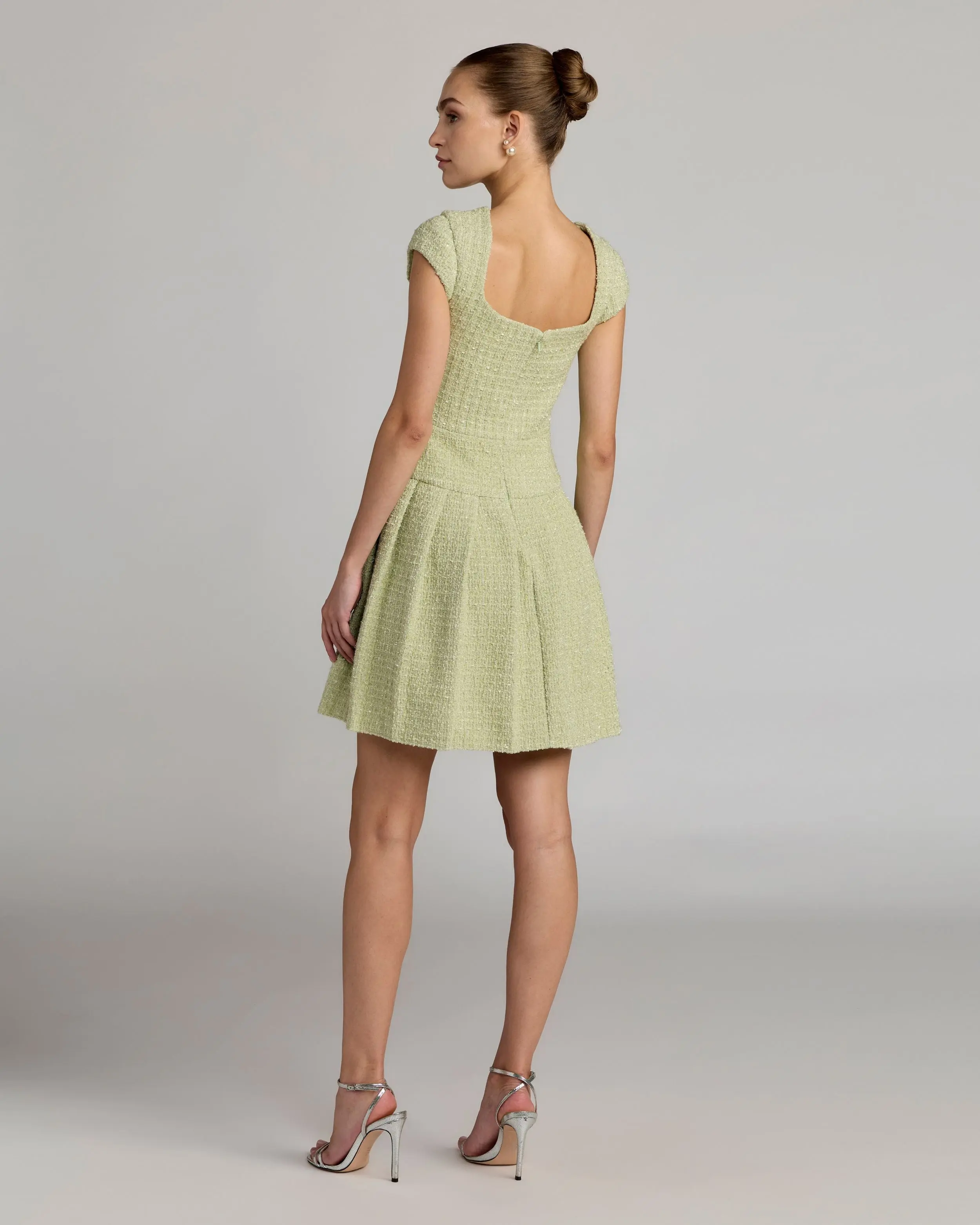Green Tweed Cap Sleeve Pleated Mini Dress - Image 4