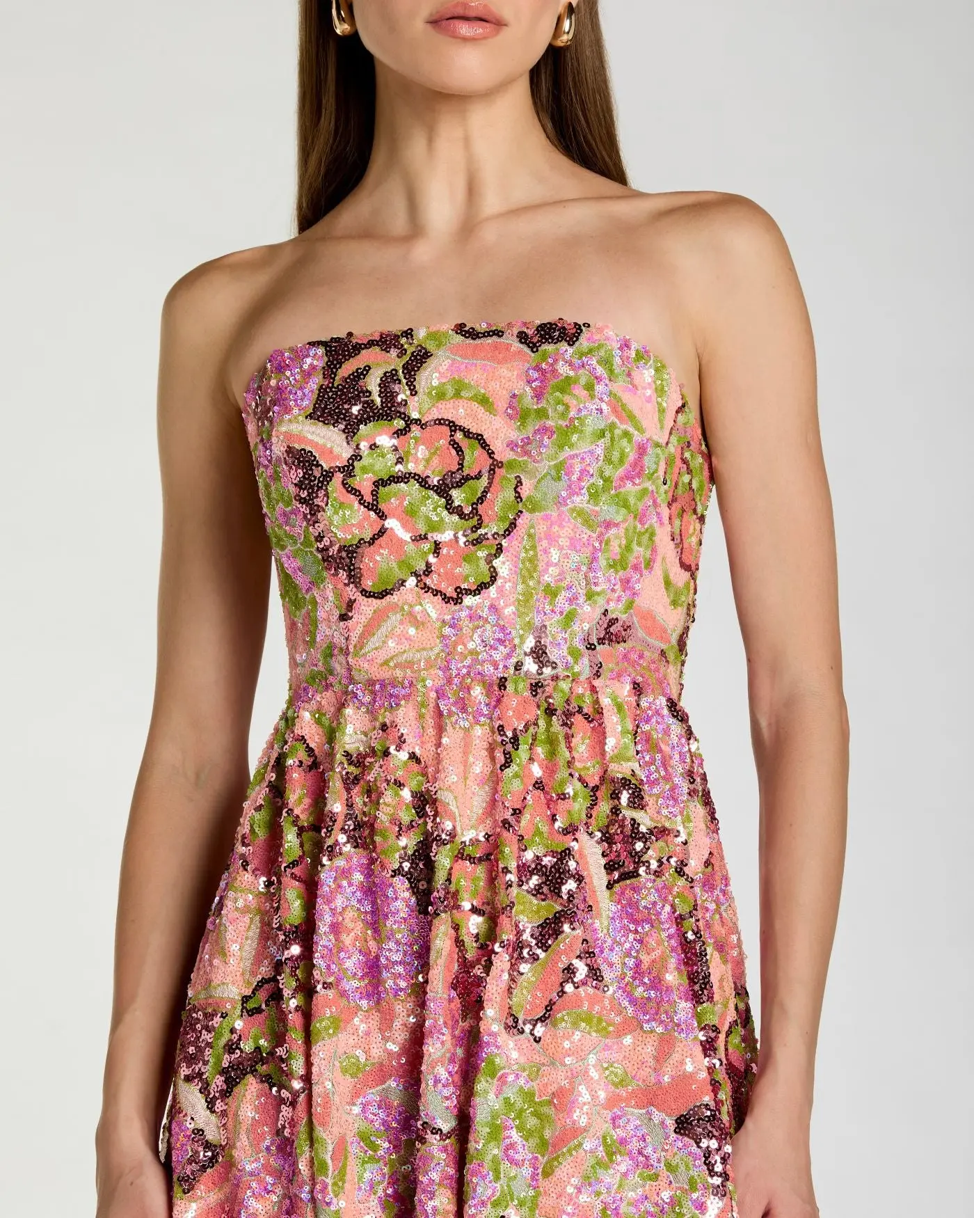 Multicolor Strapless Sequin Floral Midi Dress - Image 2