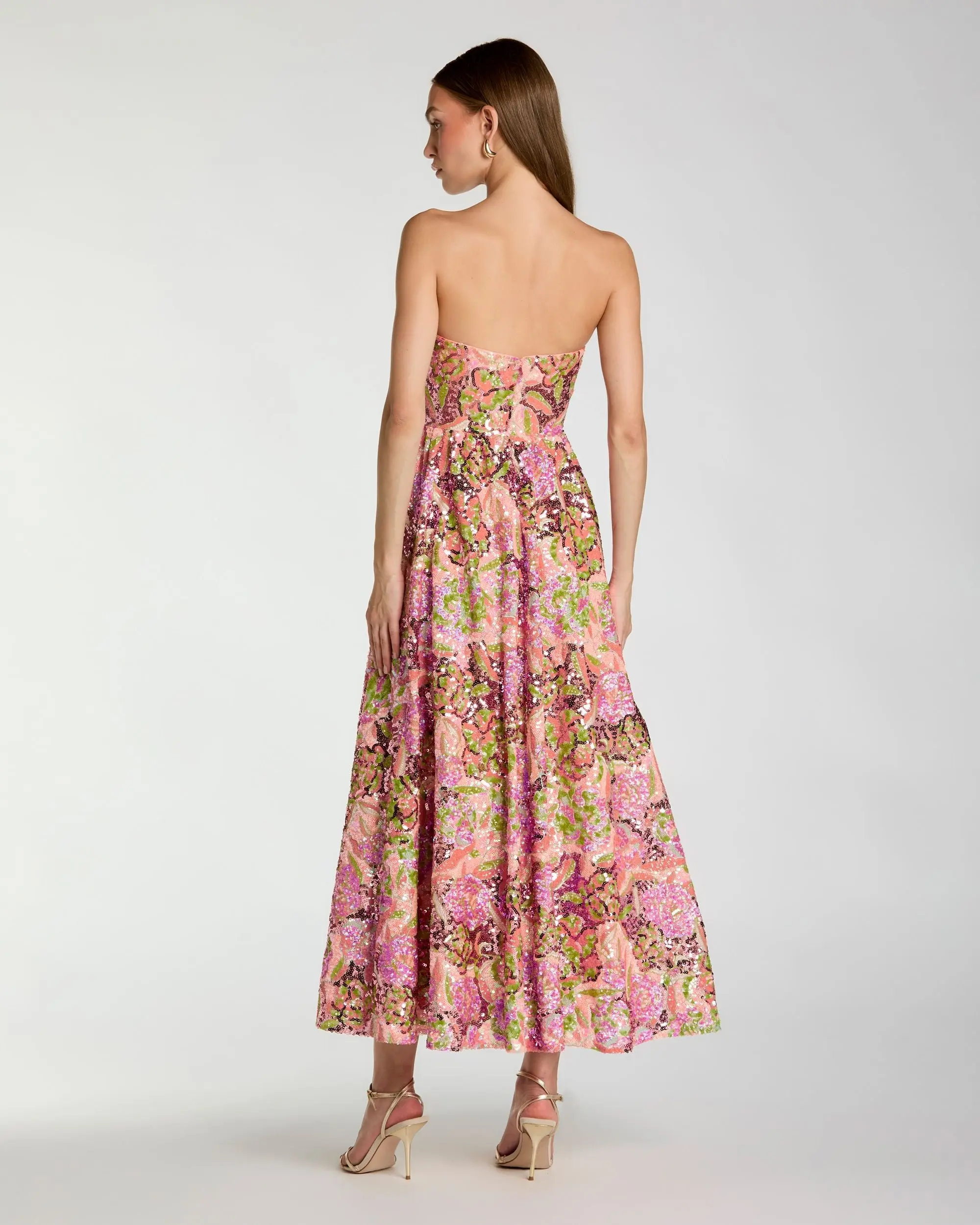 Multicolor Strapless Sequin Floral Midi Dress - Image 3