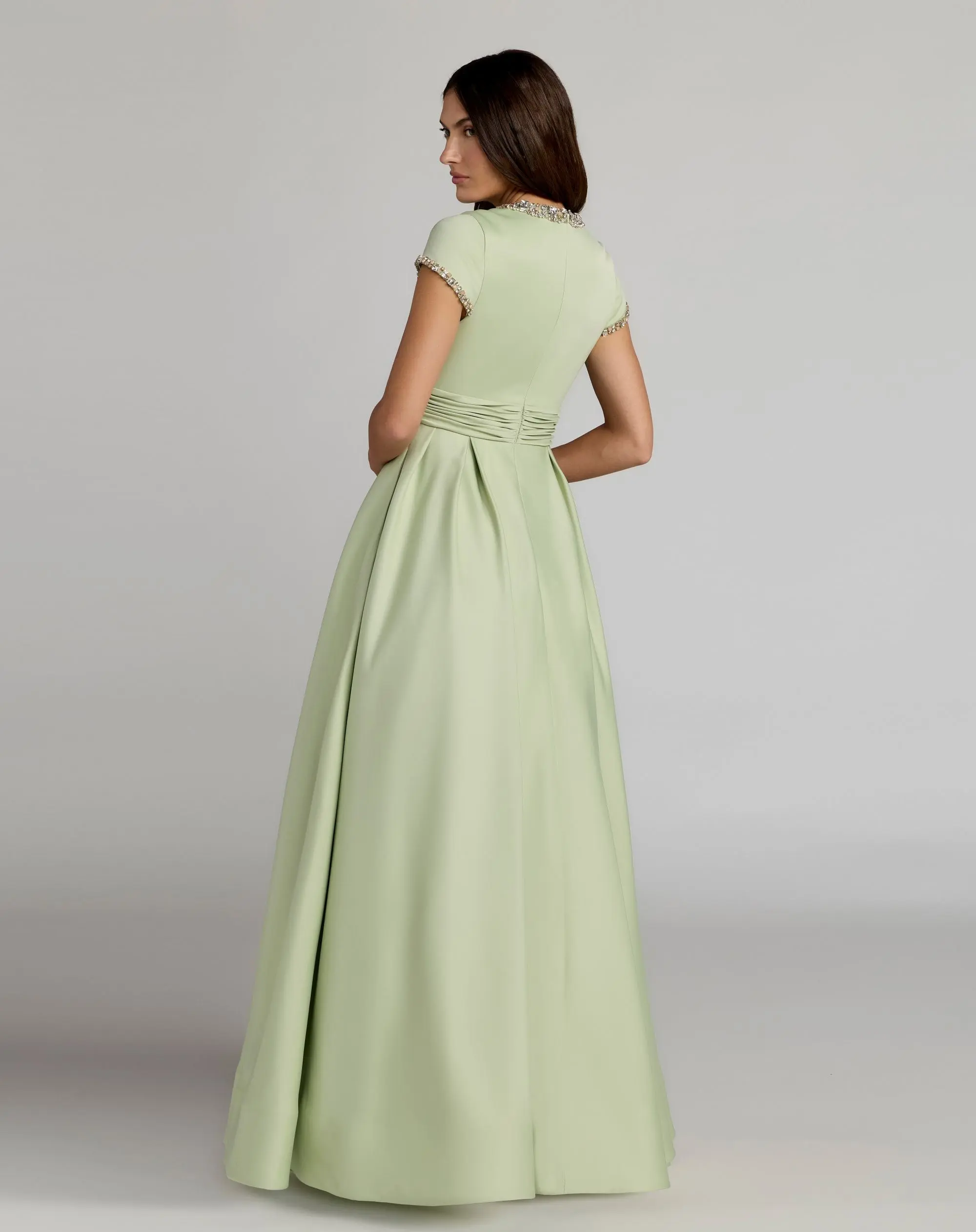 Green Embellished Satin Cap Sleeve Ball Gown - Image 3