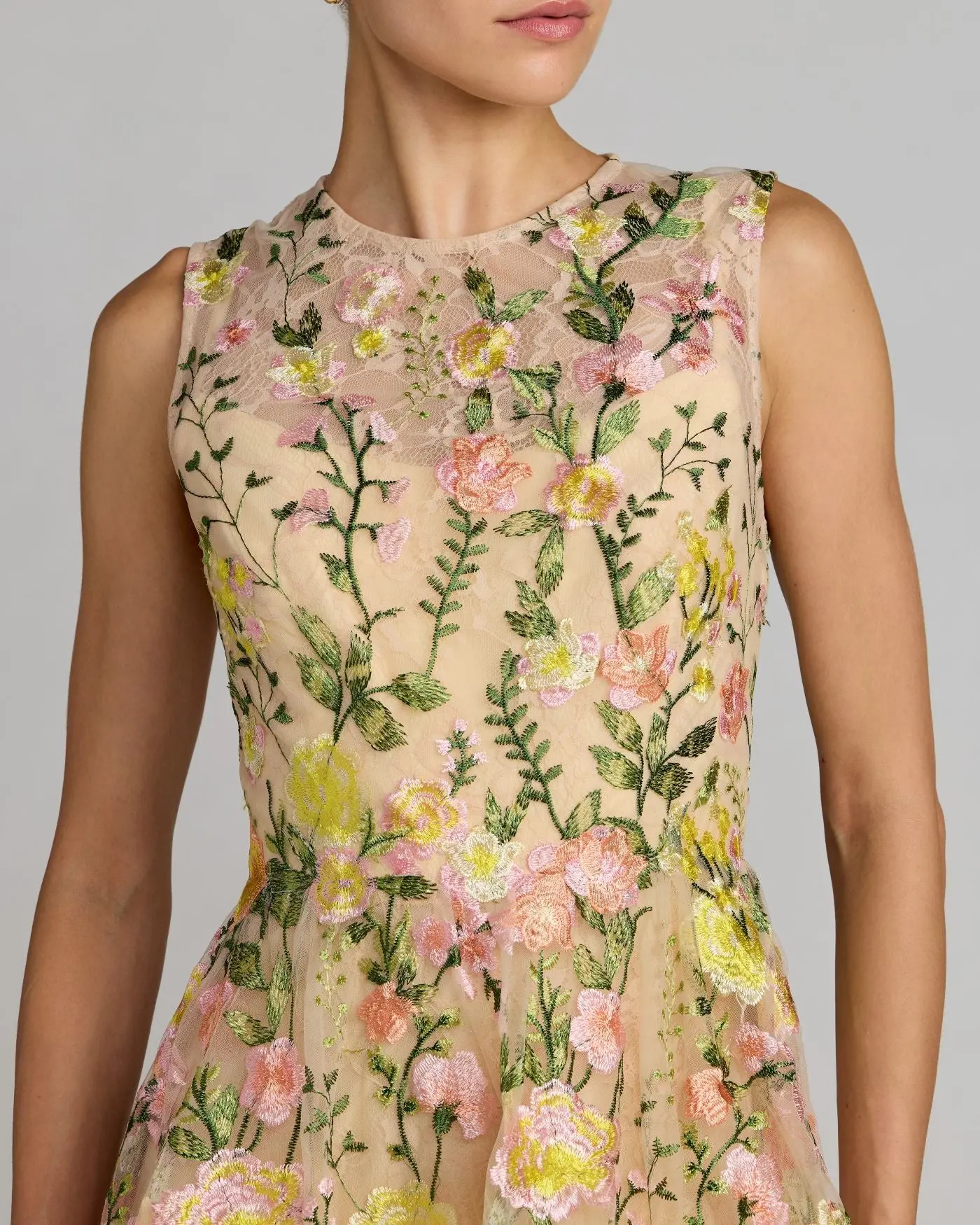 Yellow Floral Embroidered Sleeveless A-Line Mini Dress - Image 2