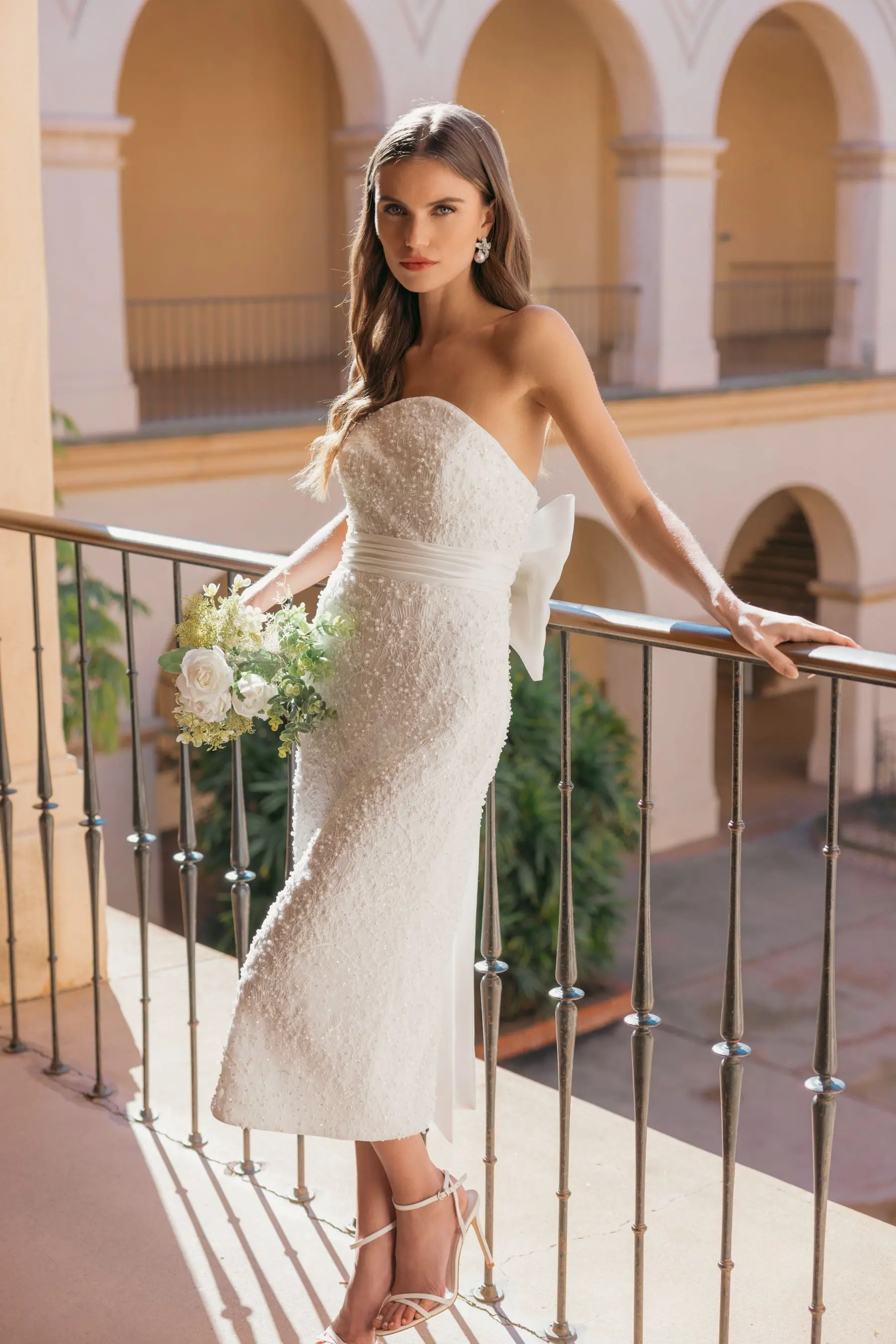 Ivory Strapless Beaded Bow Back Midi Dress - Image 5