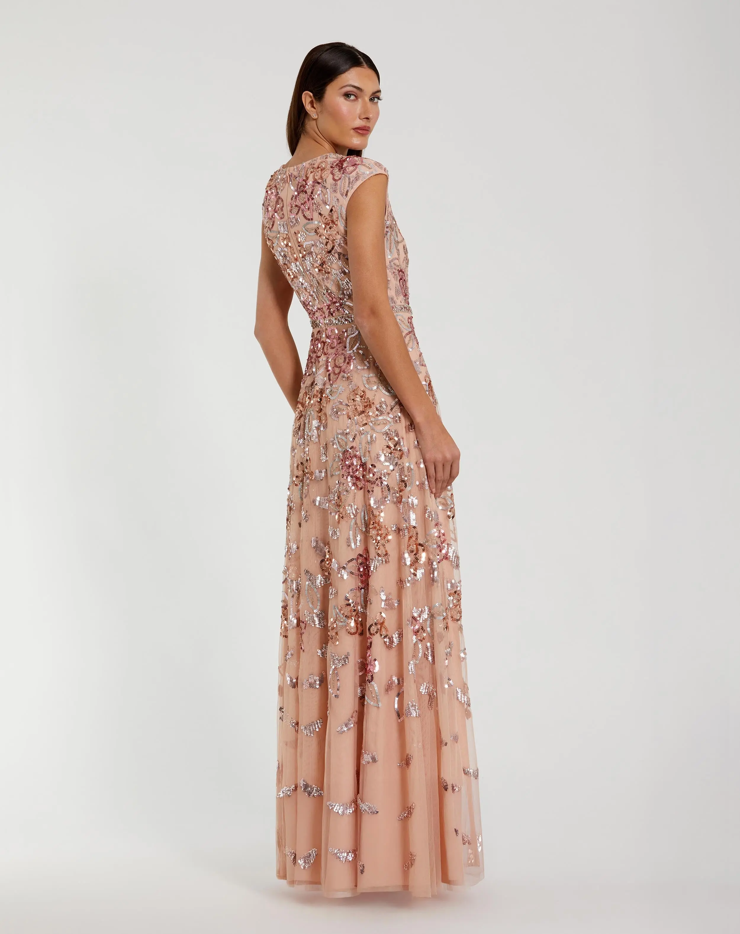 Orange Sequin High Neck Cap Sleeve A Line Gown - Image 3
