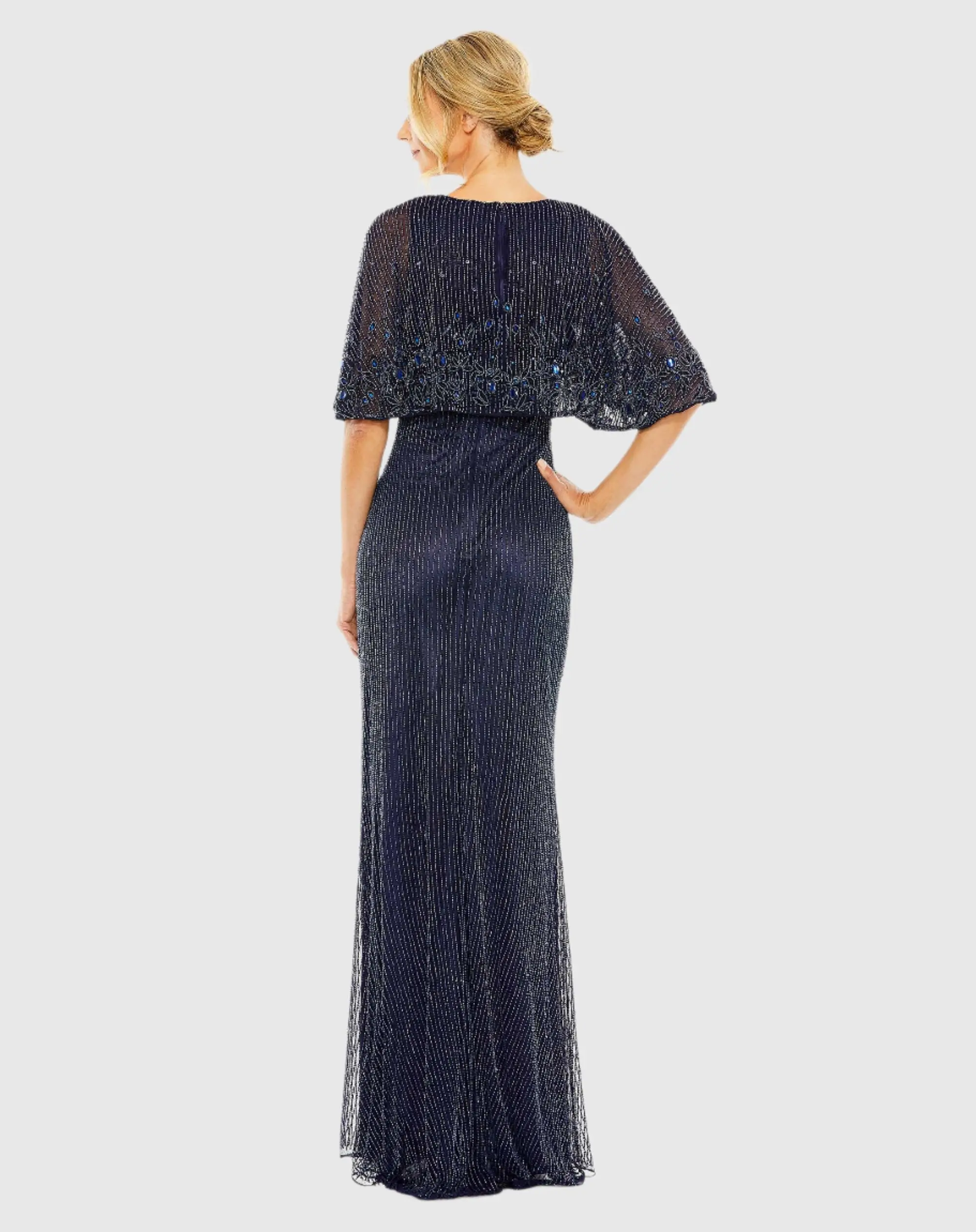Navy High Neck Column Gown With Embellished Cape - Image 3
