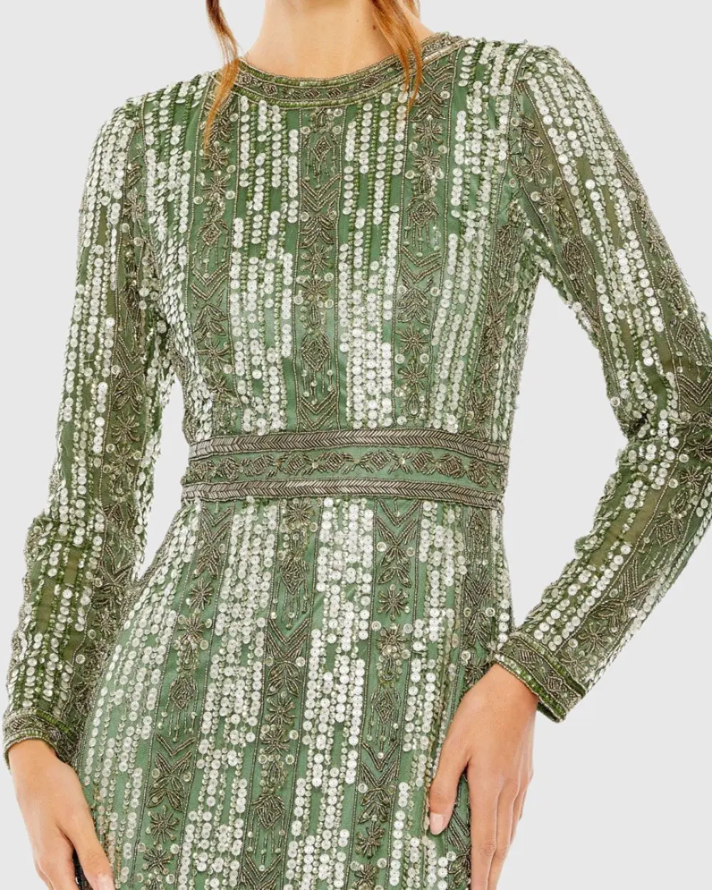 Green Long Sleeve Beaded Gown with Crystal Fringe - Image 2