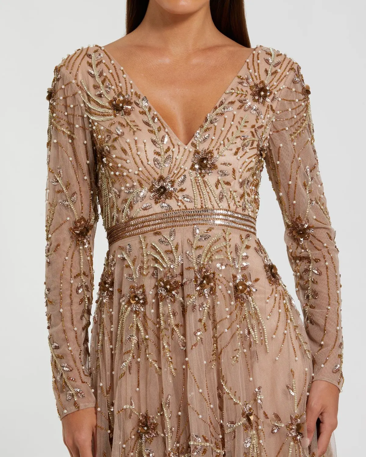 Beige Embellished Sheer Sleeve A-Line Gown - Image 2