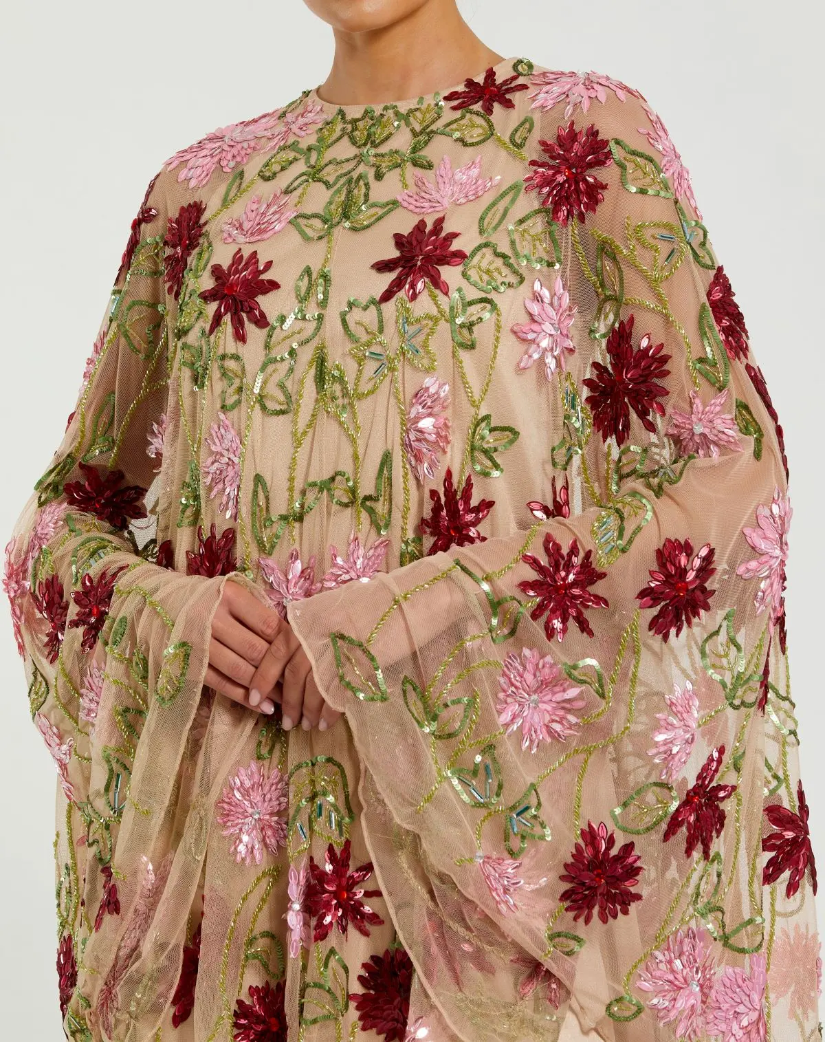 Beige Floral Embellished Cape Mini Dress - Image 2