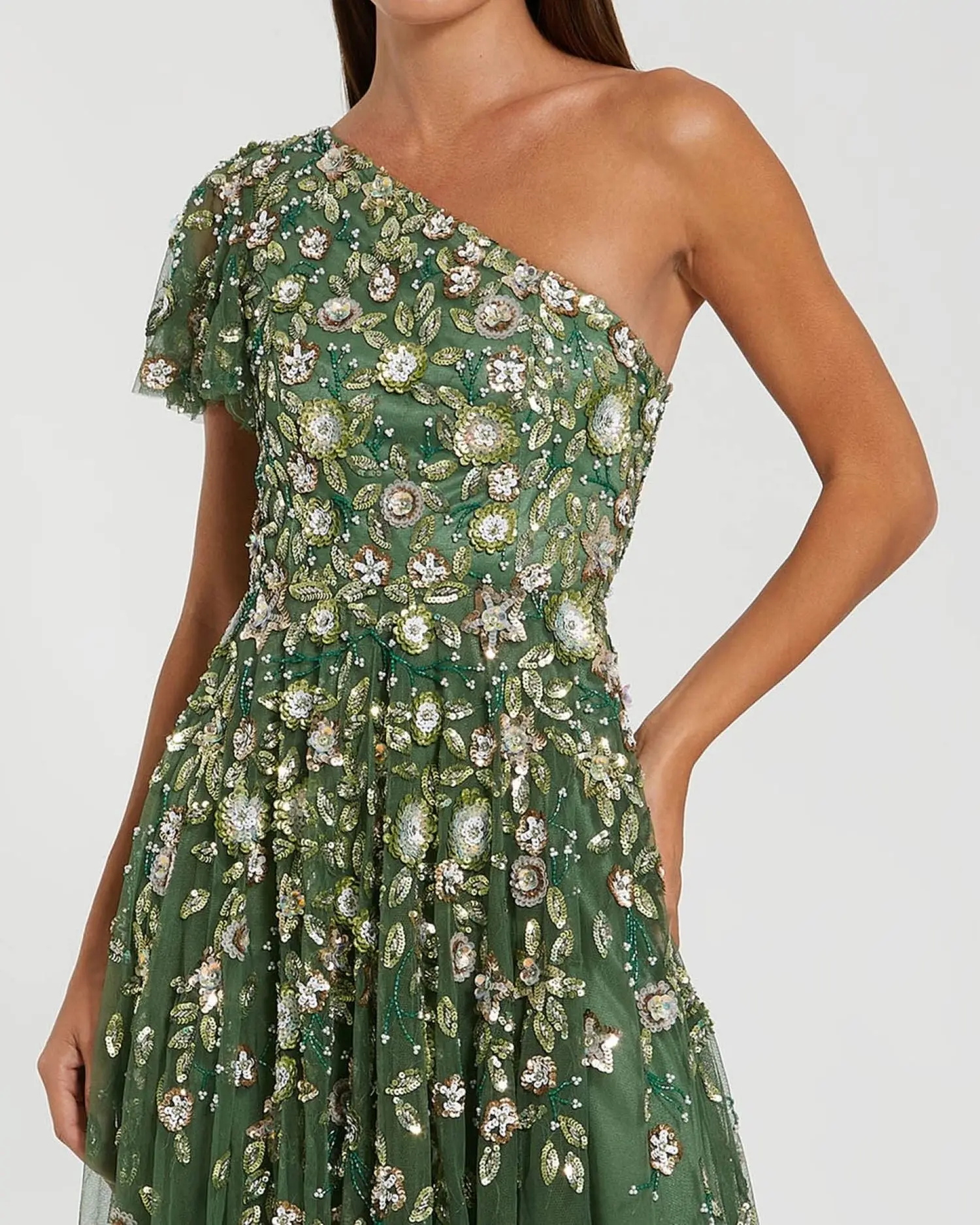 Green One Shoulder Embellished A Line Gown - Image 2