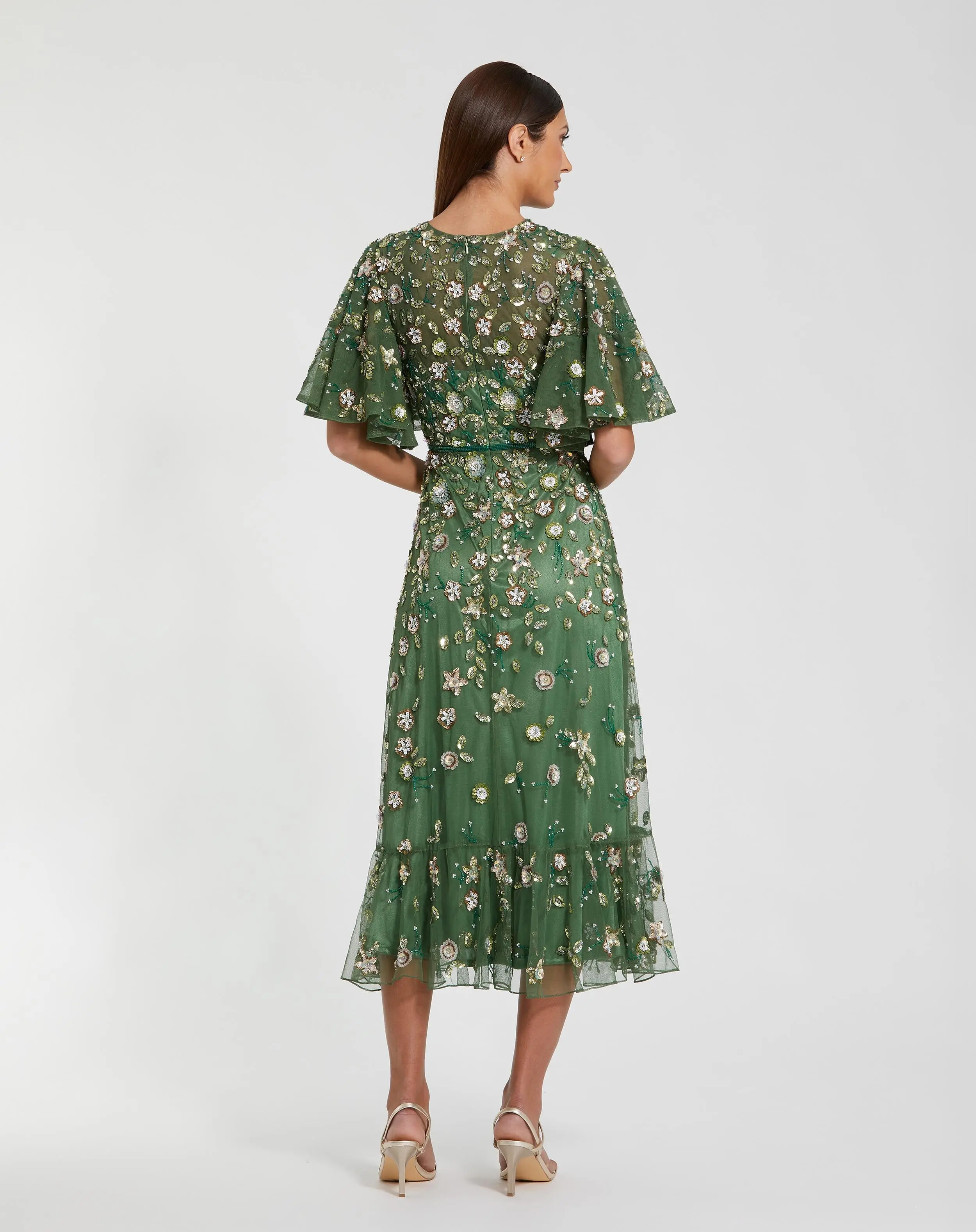 Green Floral Embellished Flutter Sleeve Midi Dress - Image 3