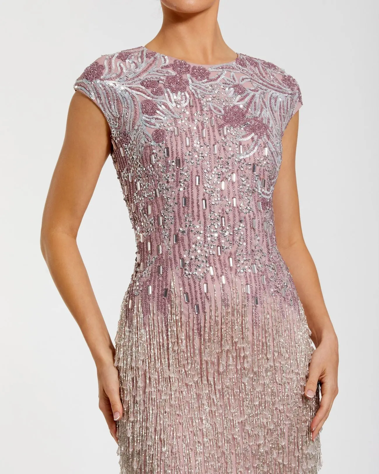 Purple Embellished Cap Sleeve Gown With Fringe Beading - Image 2