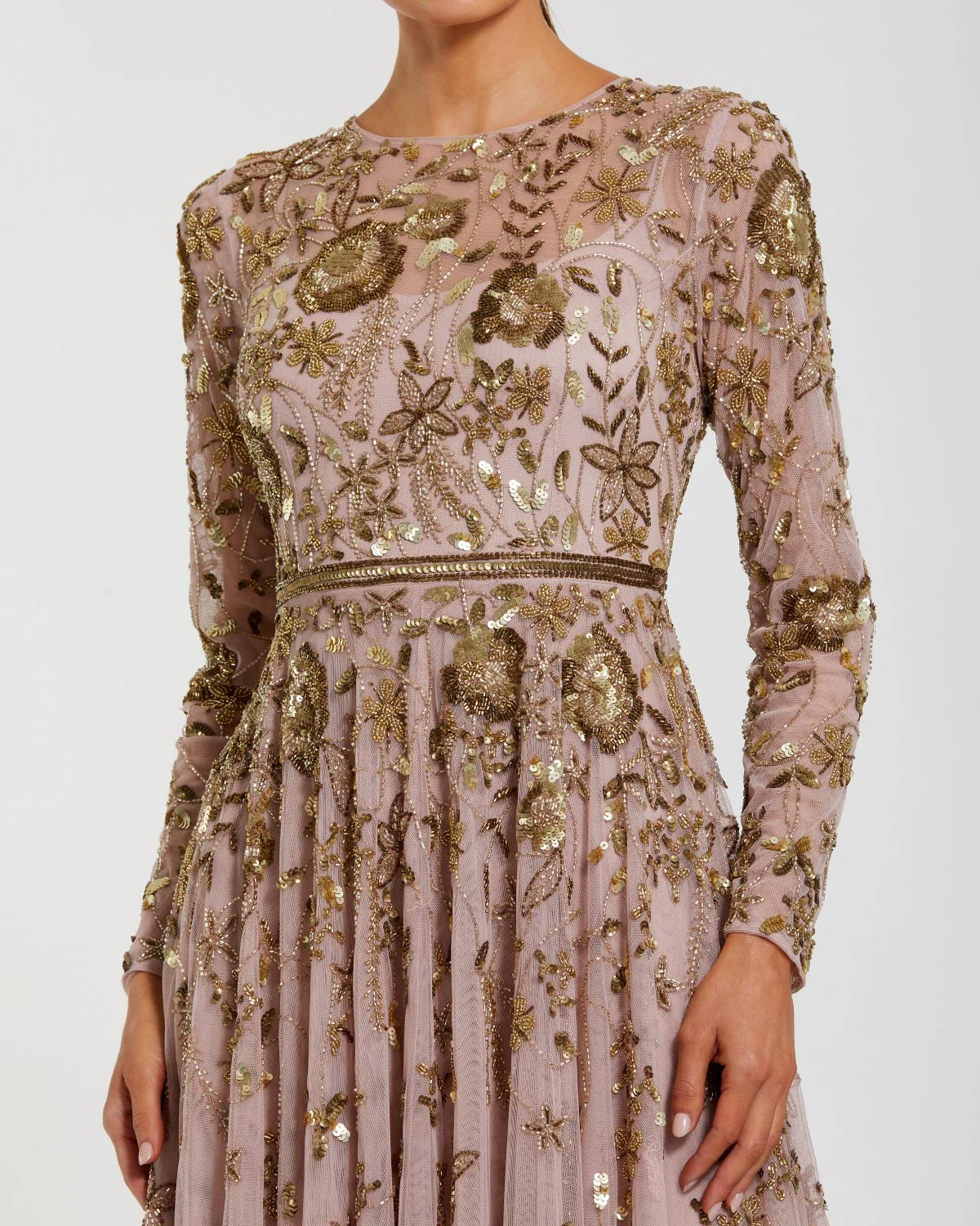 Light Purple Long Sleeve Hand Embellished Floral A-line Gown - Image 2