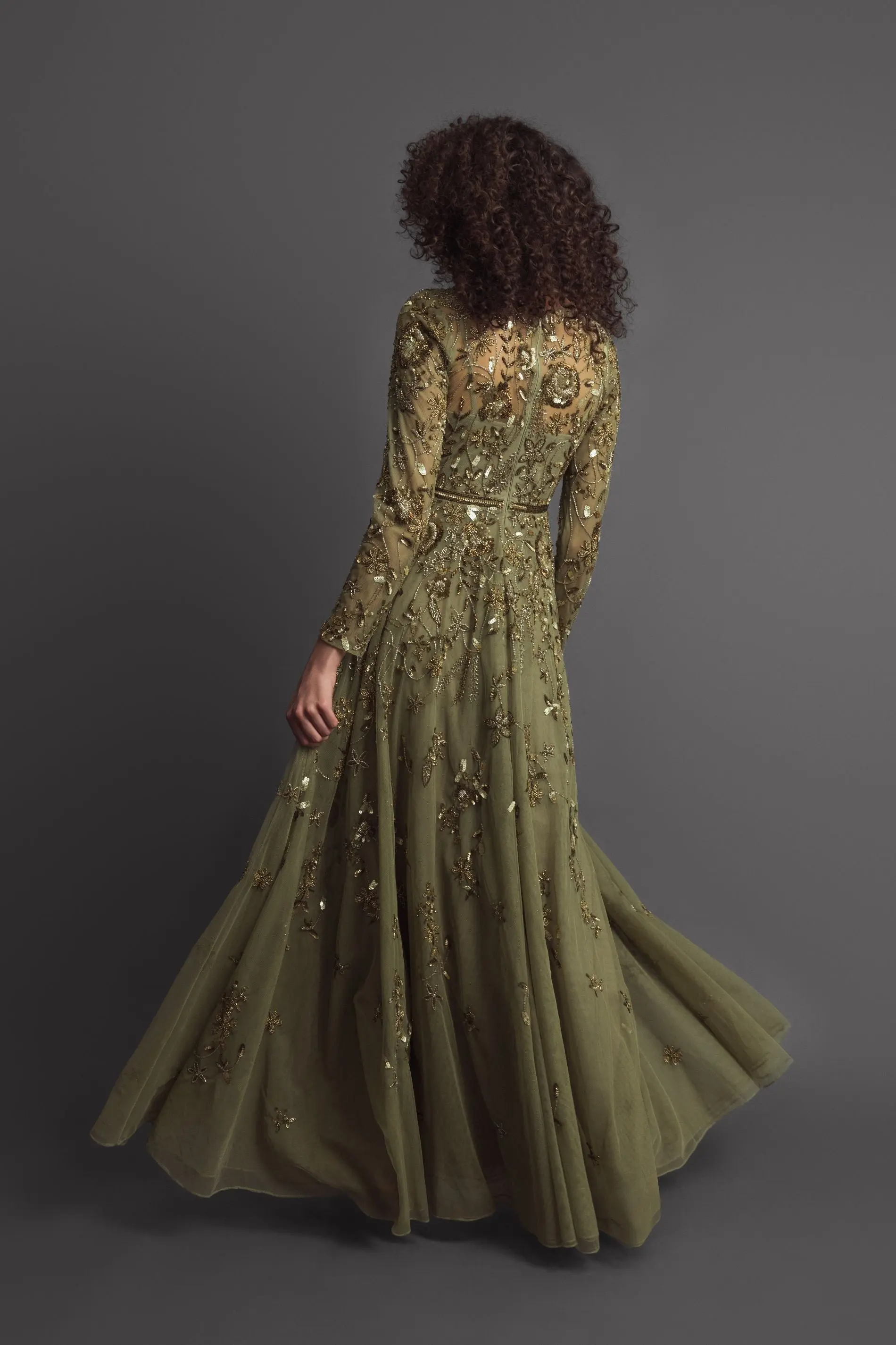 Green Long Sleeve Hand Embellished Floral A-line Gown - Image 6