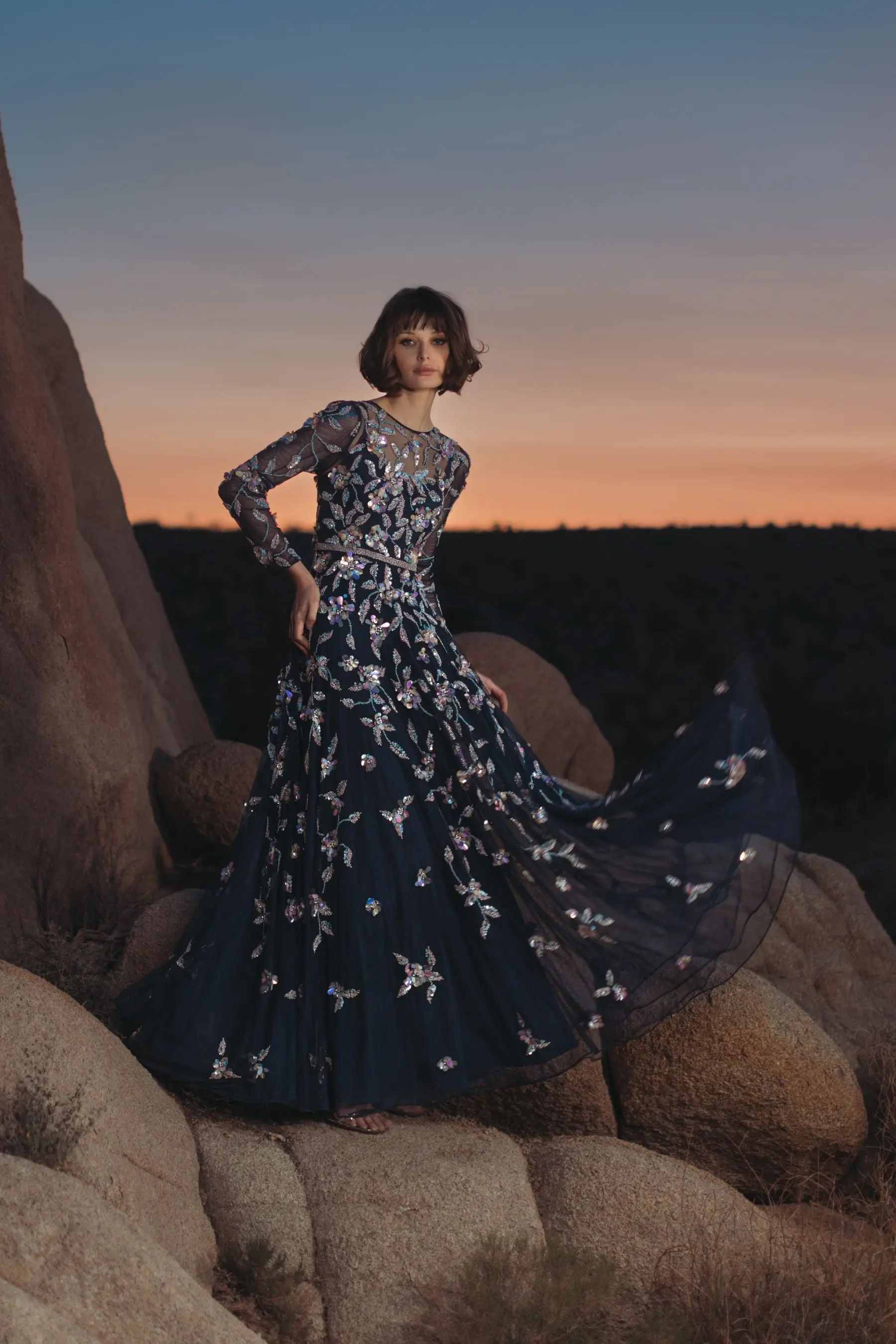 Navy Long Sleeve Floral Embellished Evening Gown - Image 4