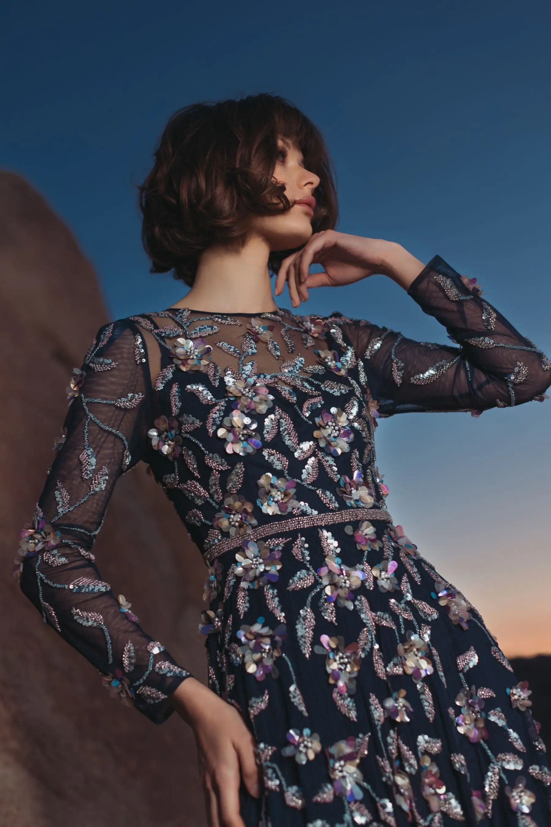 Navy Long Sleeve Floral Embellished Evening Gown - Image 5
