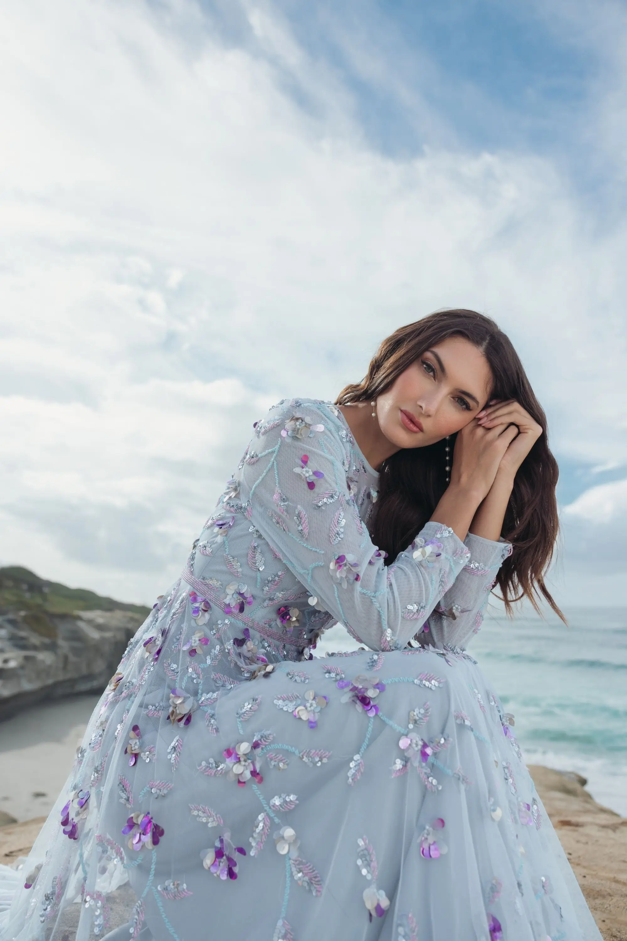 Light Blue Long Sleeve Floral Embellished Evening Gown - Image 6