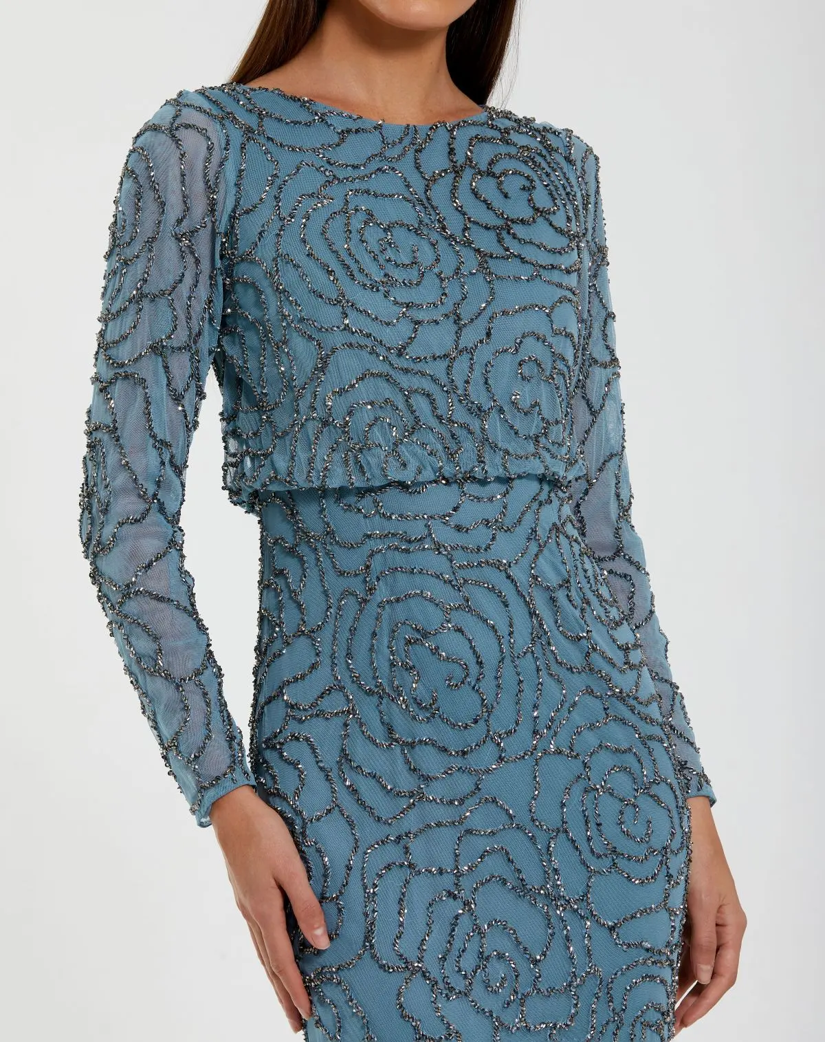 Blue Long Sleeve Beaded Blouson Gown - Image 2