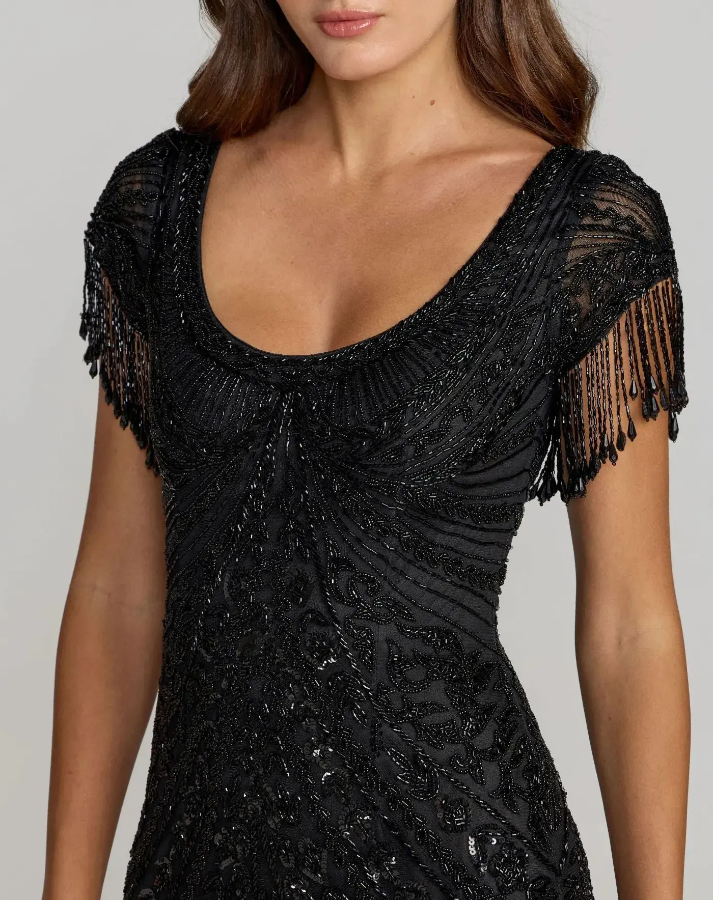 Black Cap Sleeve Beaded Fringe Column Gown - Image 2