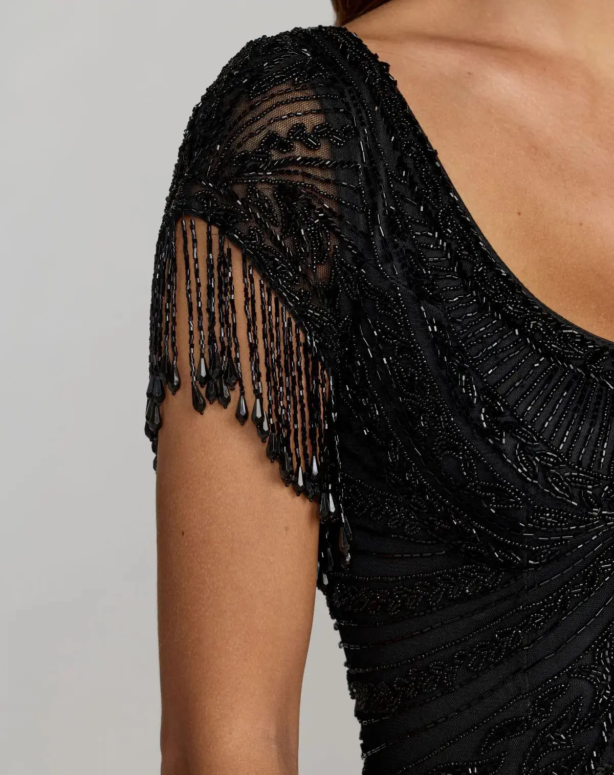 Black Cap Sleeve Beaded Fringe Column Gown - Image 3