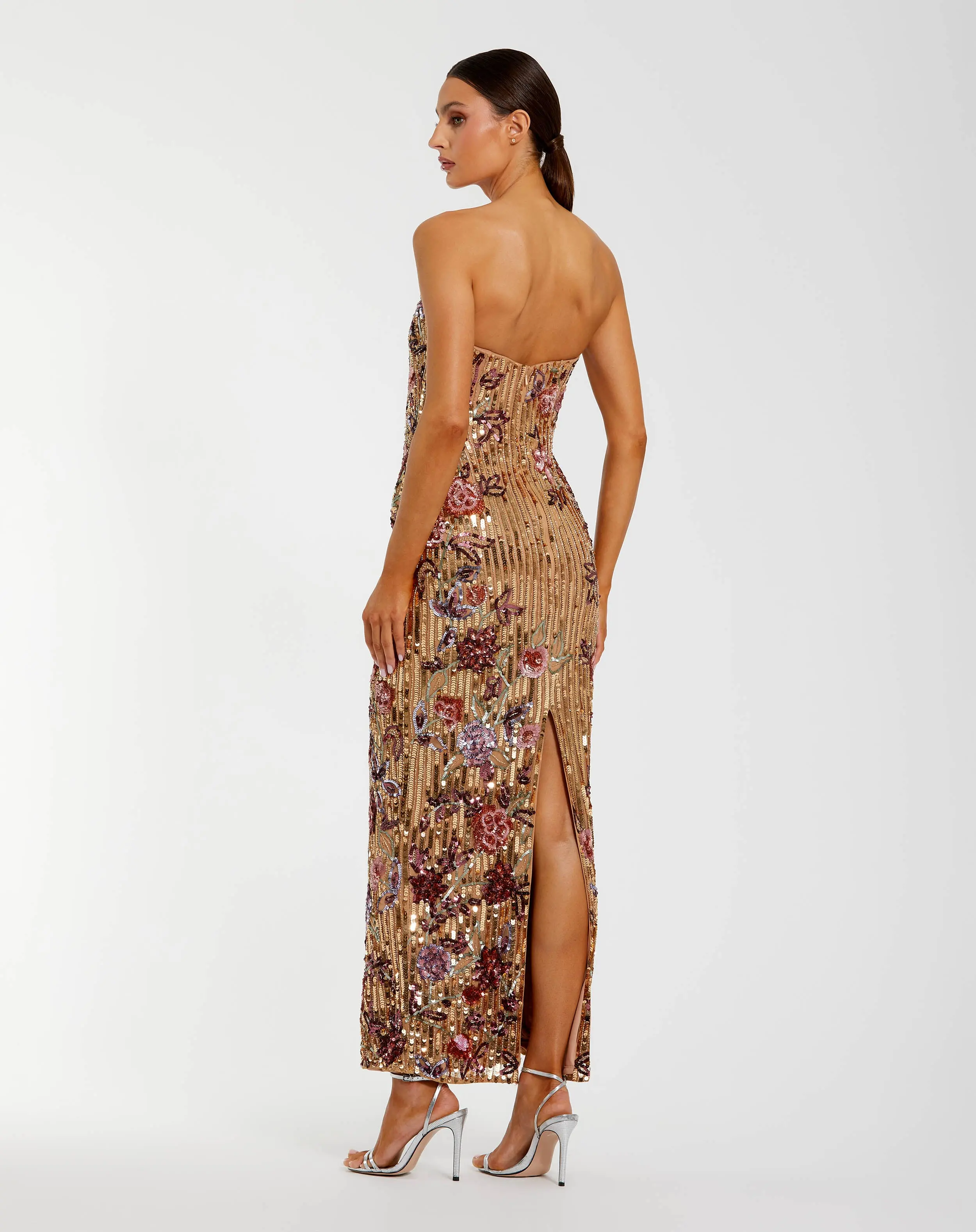Gold Floral Embellished Strapless Column Dress - Image 3