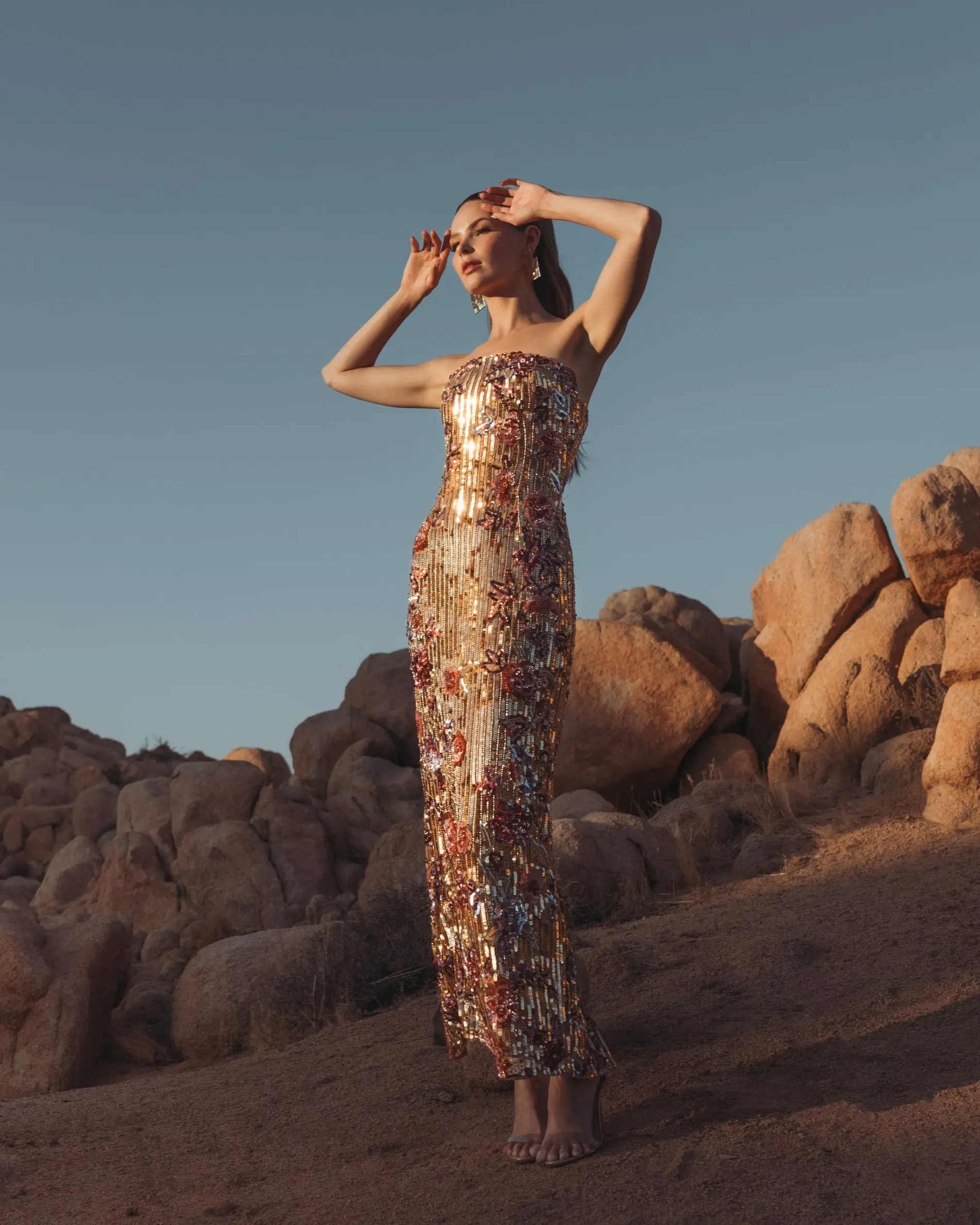 Gold Floral Embellished Strapless Column Dress - Image 4