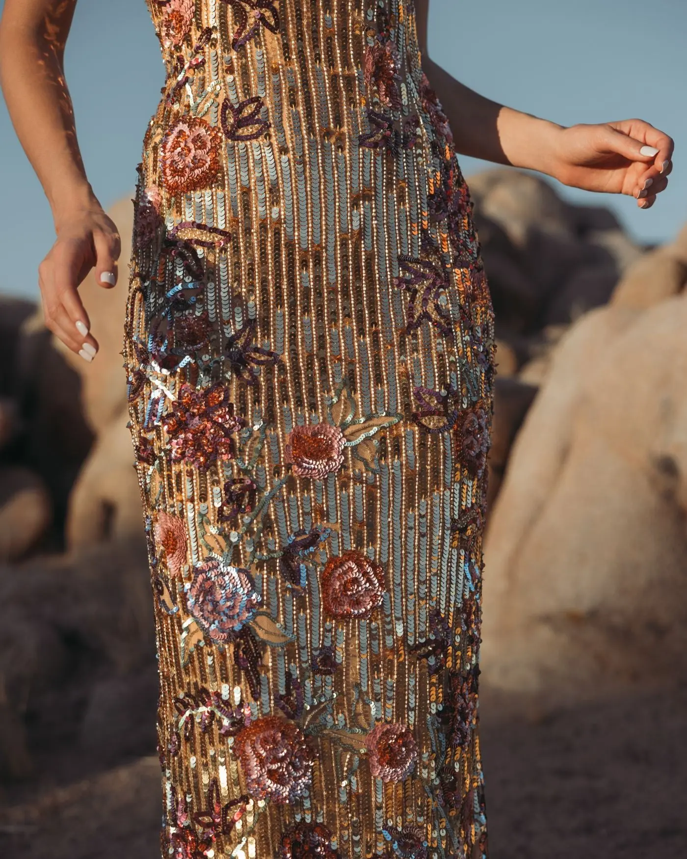 Gold Floral Embellished Strapless Column Dress - Image 5