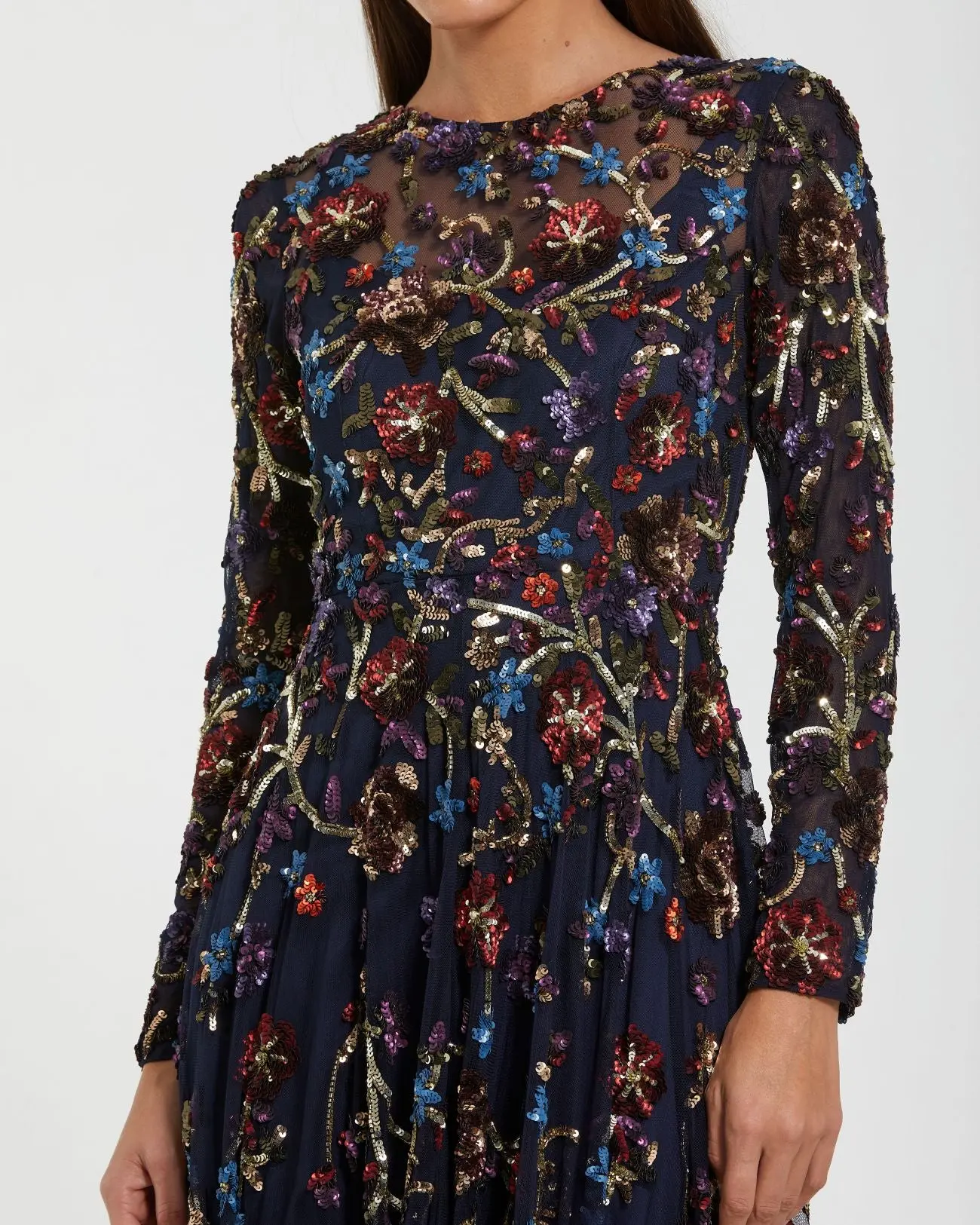 Navy Beaded Long Sleeve High Neck A-Line Gown - Image 2