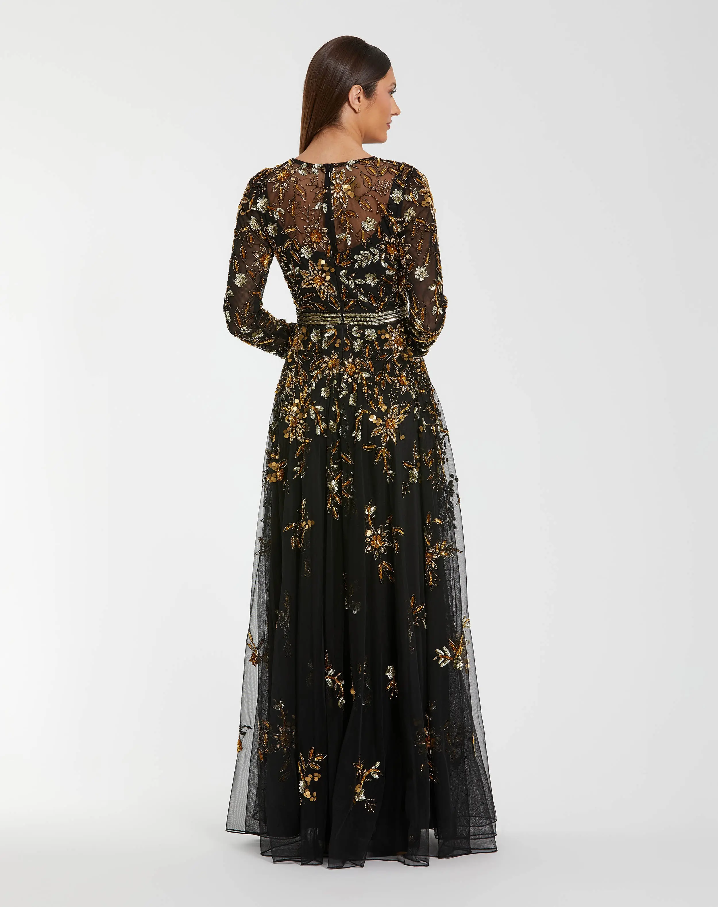 Black Hand Embellished Long Sleeve A Line Gown - Image 3