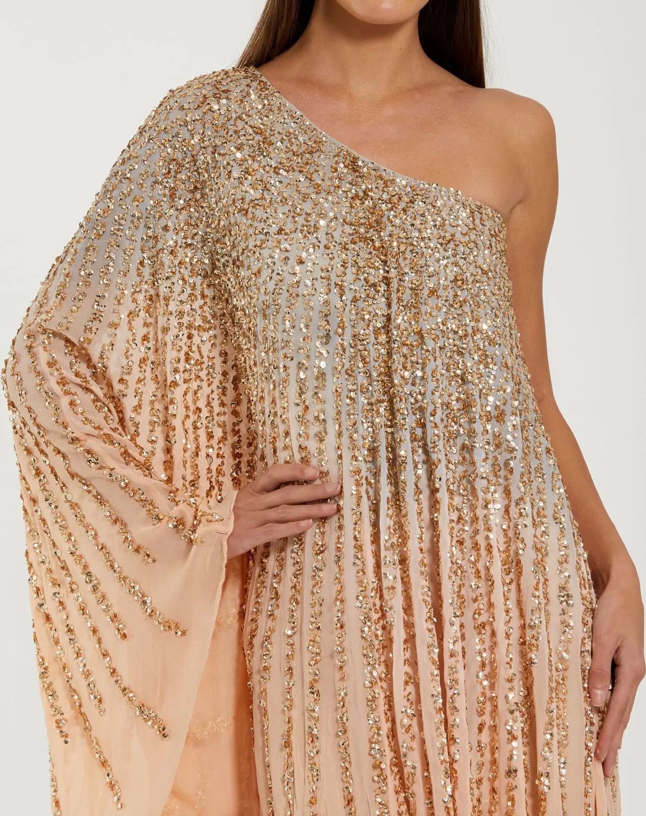 Light Orange One Shoulder Ombre Sequin Kaftan Dress - Image 2